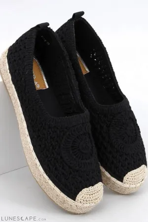Black Round Toe Crochet Women's Espadrille Flats with Jute Cap Toe