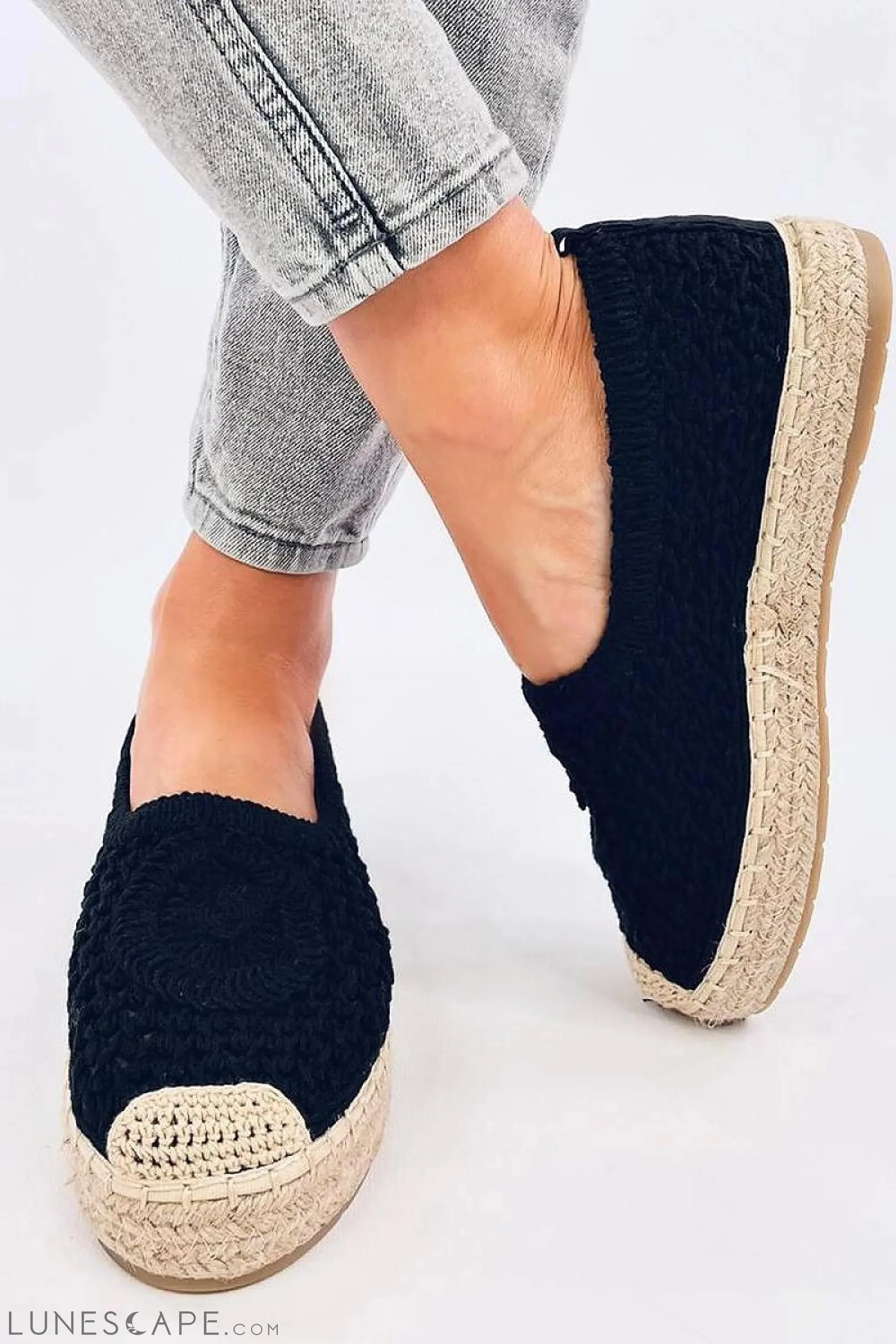 Black Round Toe Crochet Women's Espadrille Flats with Jute Cap Toe