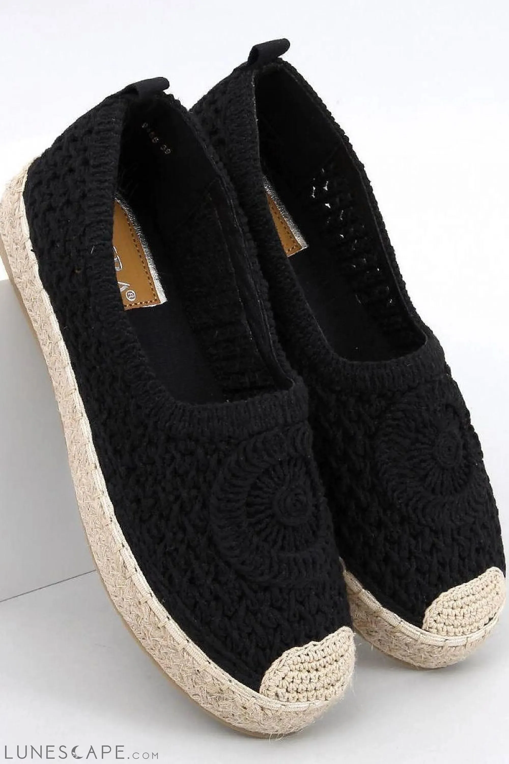 Black Round Toe Crochet Women's Espadrille Flats with Jute Cap Toe