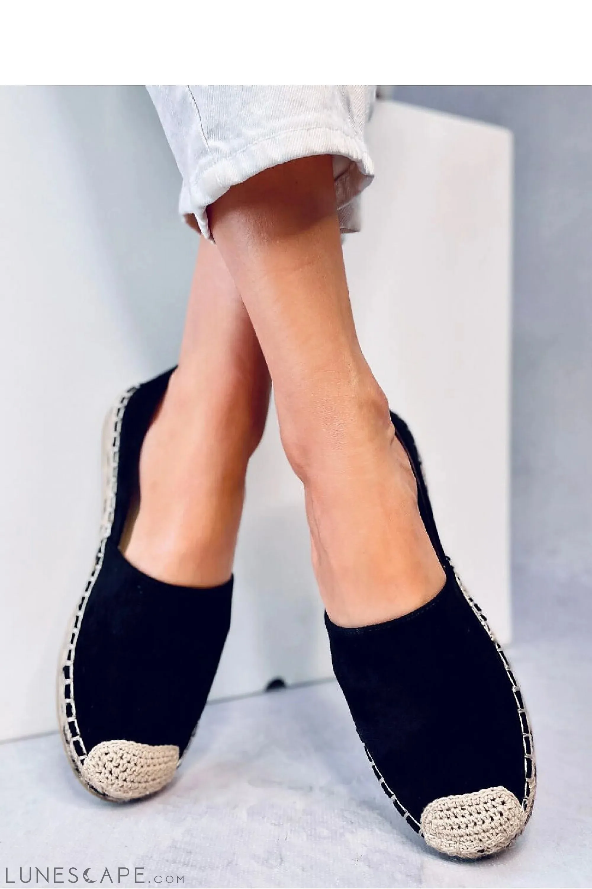 Black V-Cut Eco-Suede Espadrille Flats with Braided Cap Toe