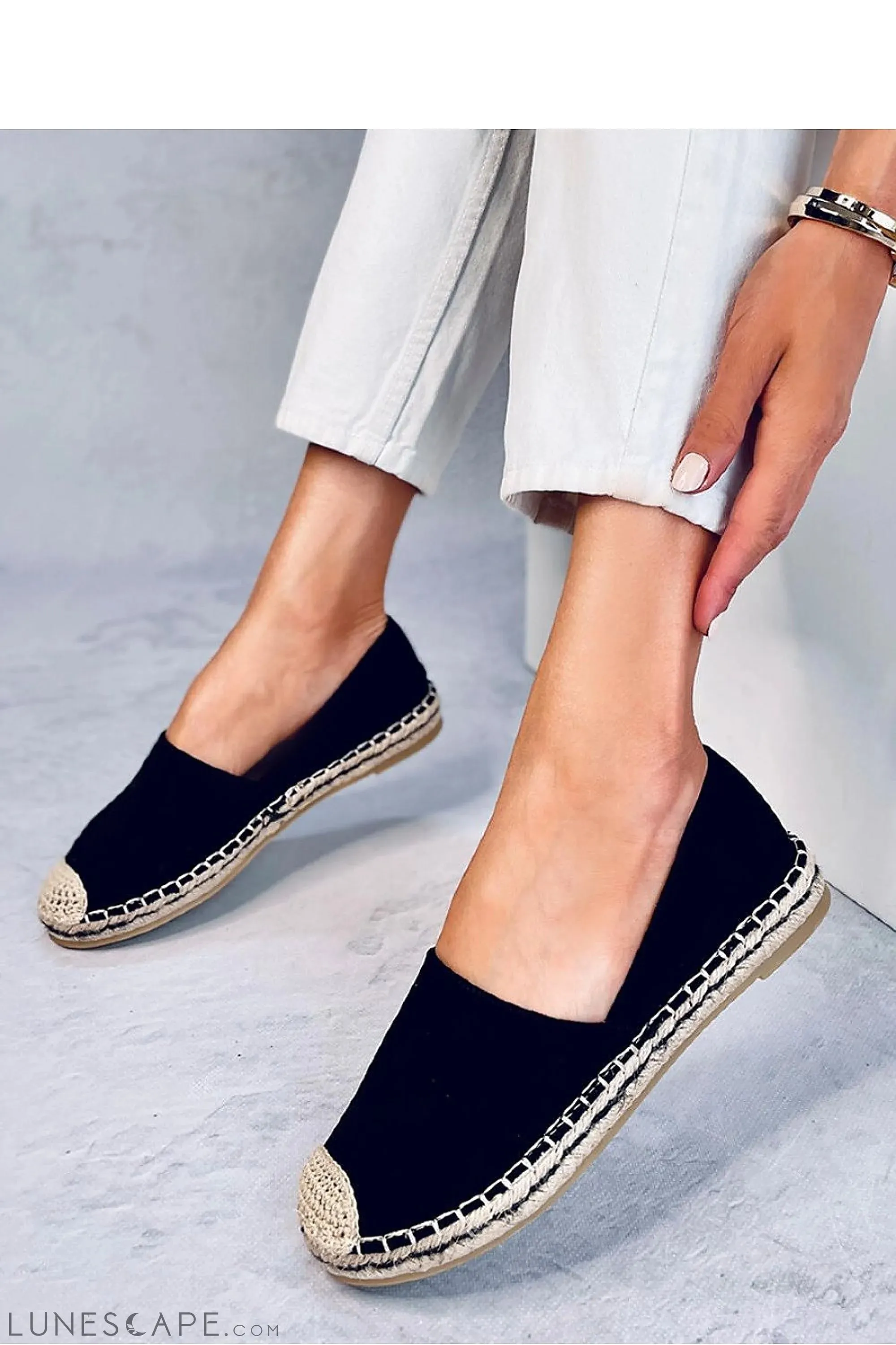 Black V-Cut Eco-Suede Espadrille Flats with Braided Cap Toe