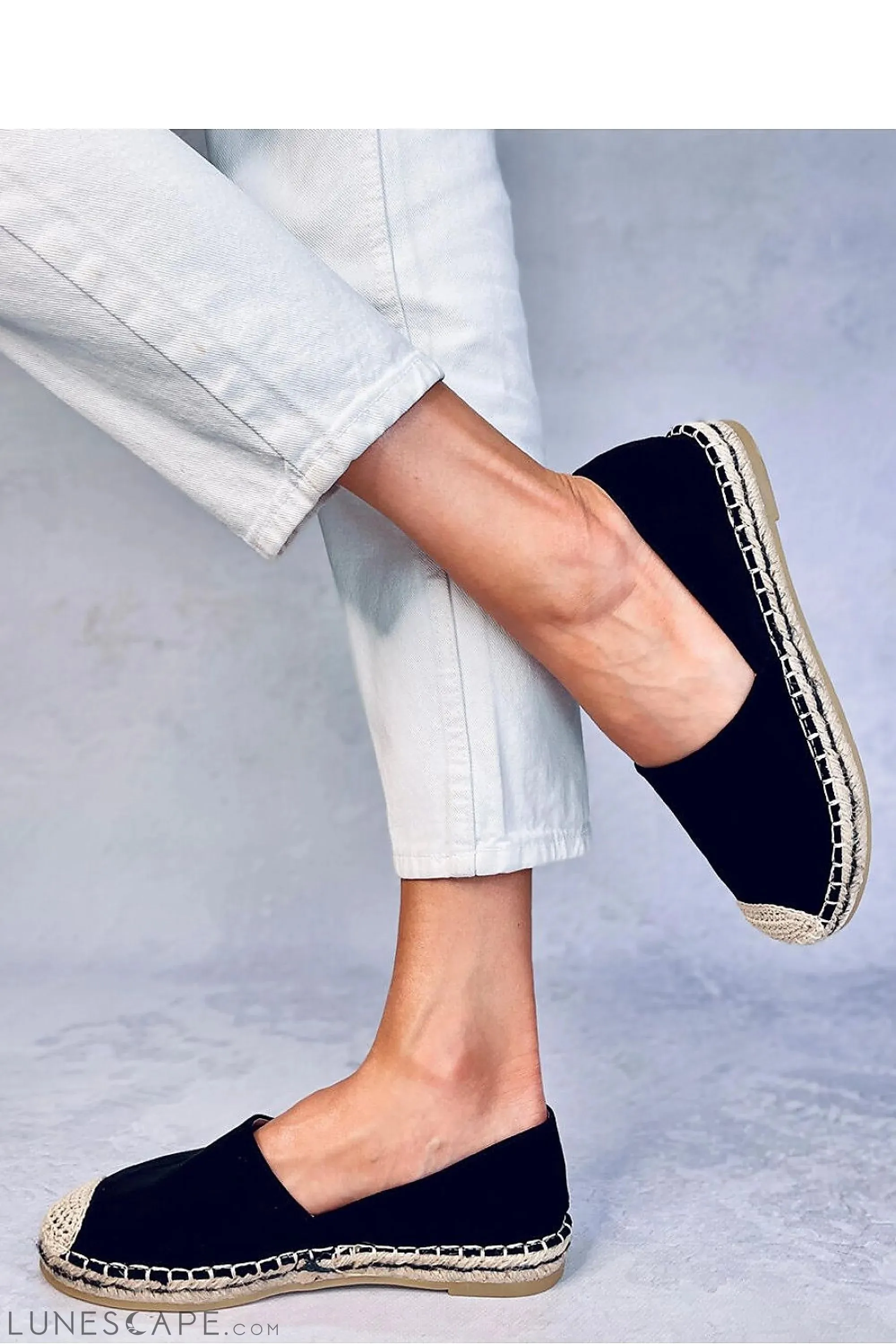Black V-Cut Eco-Suede Espadrille Flats with Braided Cap Toe