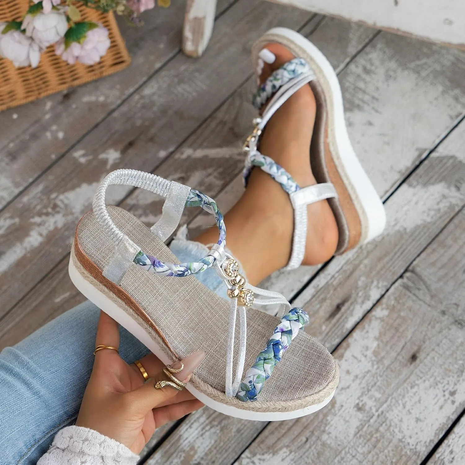 Bohemian Wedge Sandals for Women Fashion Elastic Strap Sandals Linen Plaited Platform Sandals Beach Sandals
