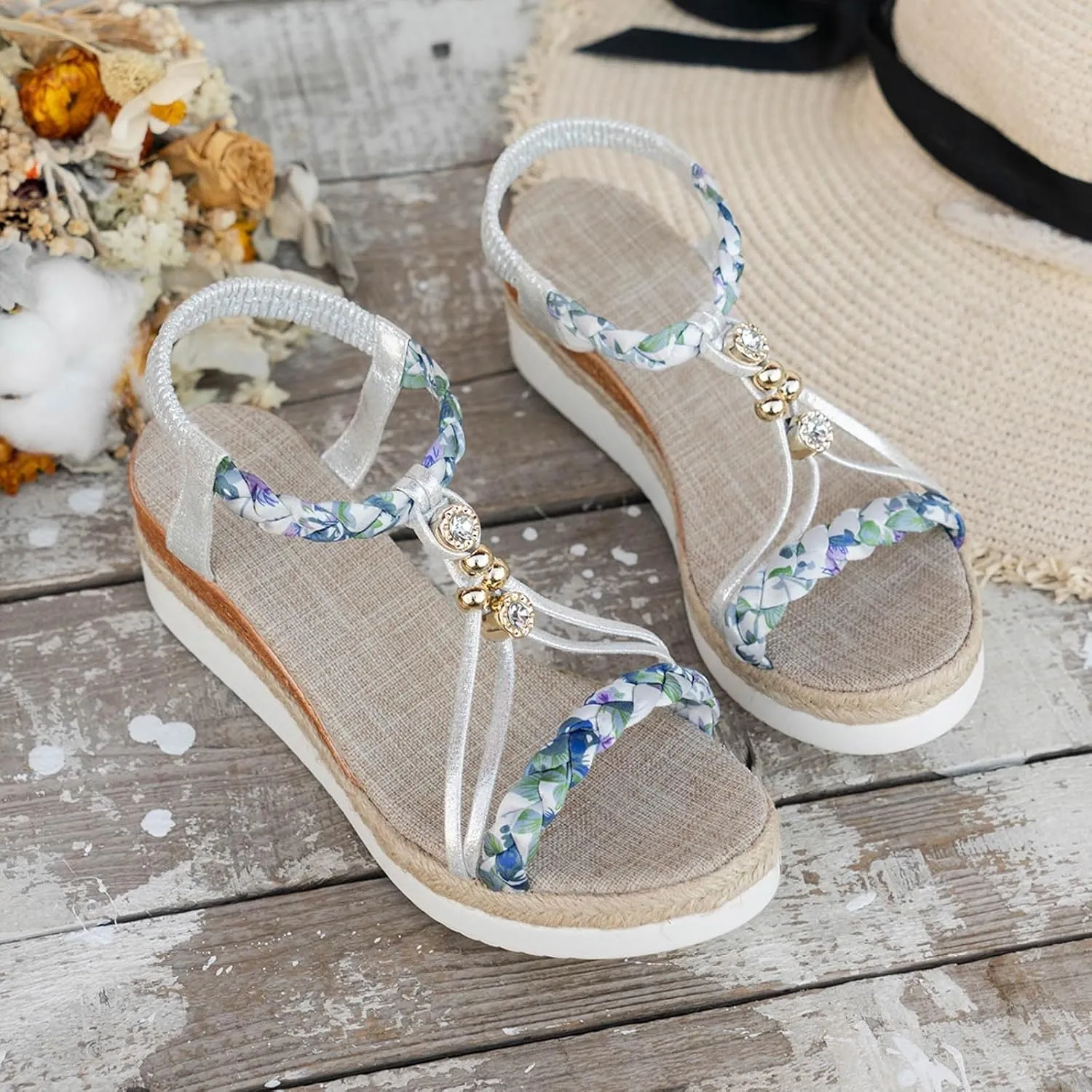 Bohemian Wedge Sandals for Women Fashion Elastic Strap Sandals Linen Plaited Platform Sandals Beach Sandals