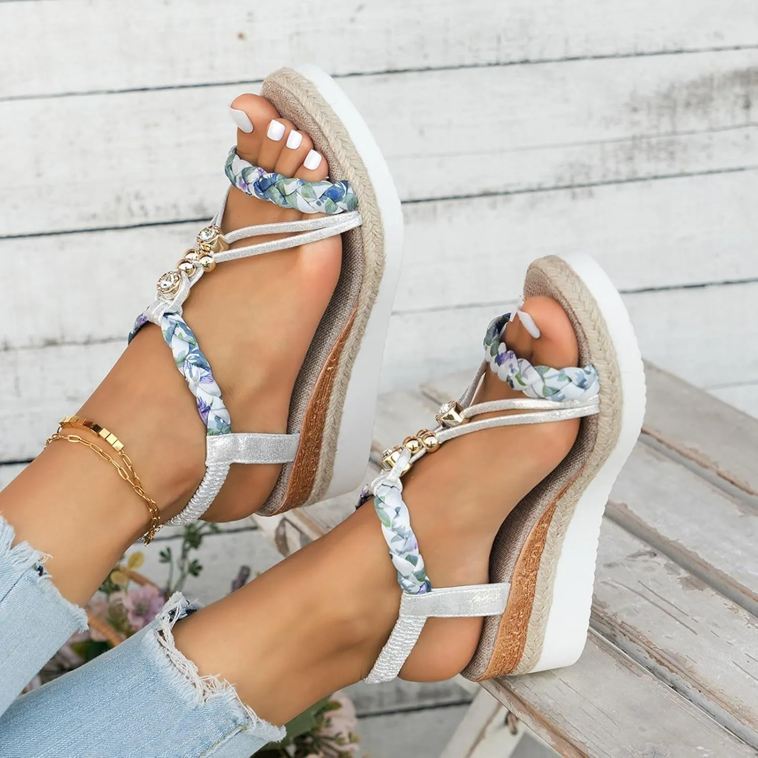 Bohemian Wedge Sandals for Women Fashion Elastic Strap Sandals Linen Plaited Platform Sandals Beach Sandals