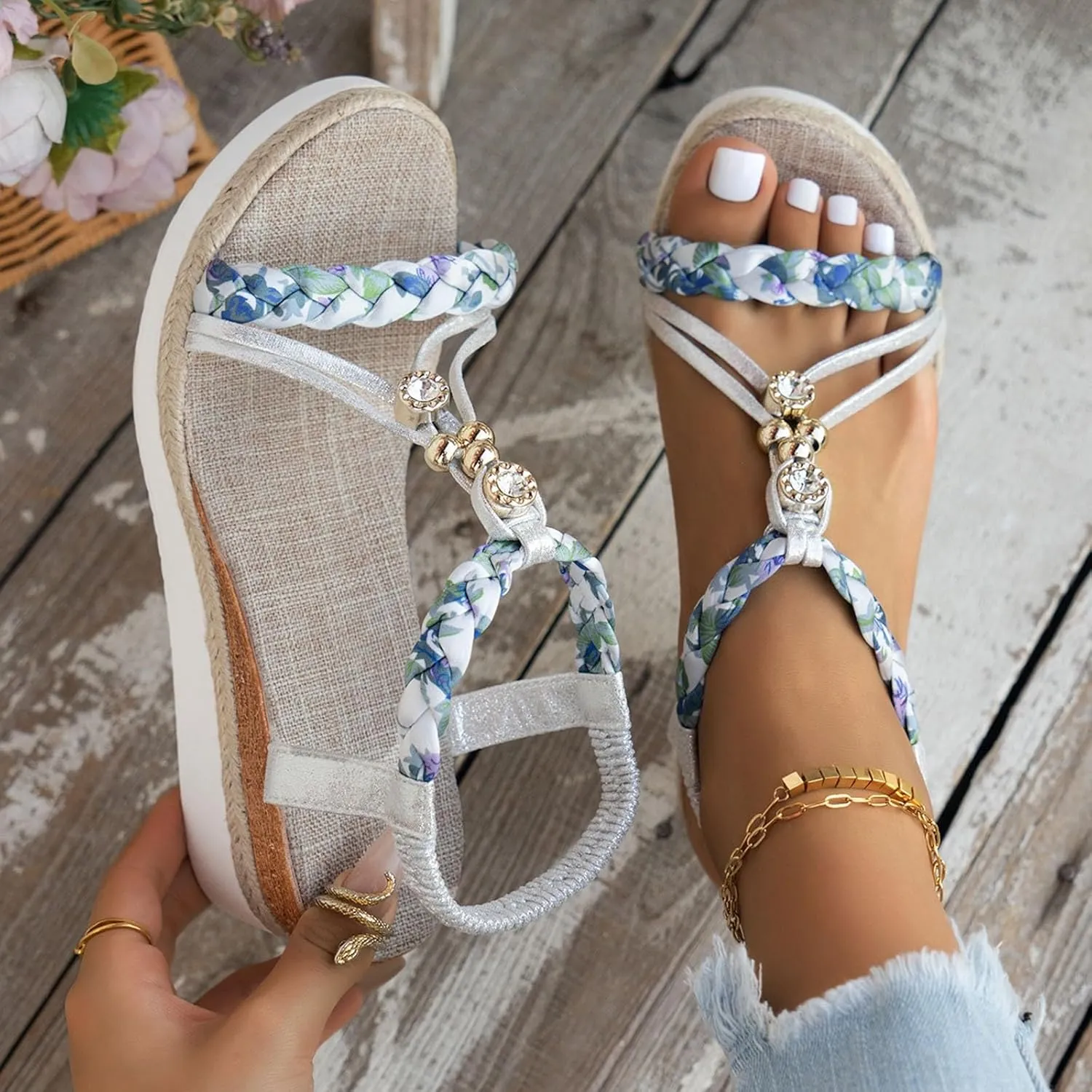 Bohemian Wedge Sandals for Women Fashion Elastic Strap Sandals Linen Plaited Platform Sandals Beach Sandals