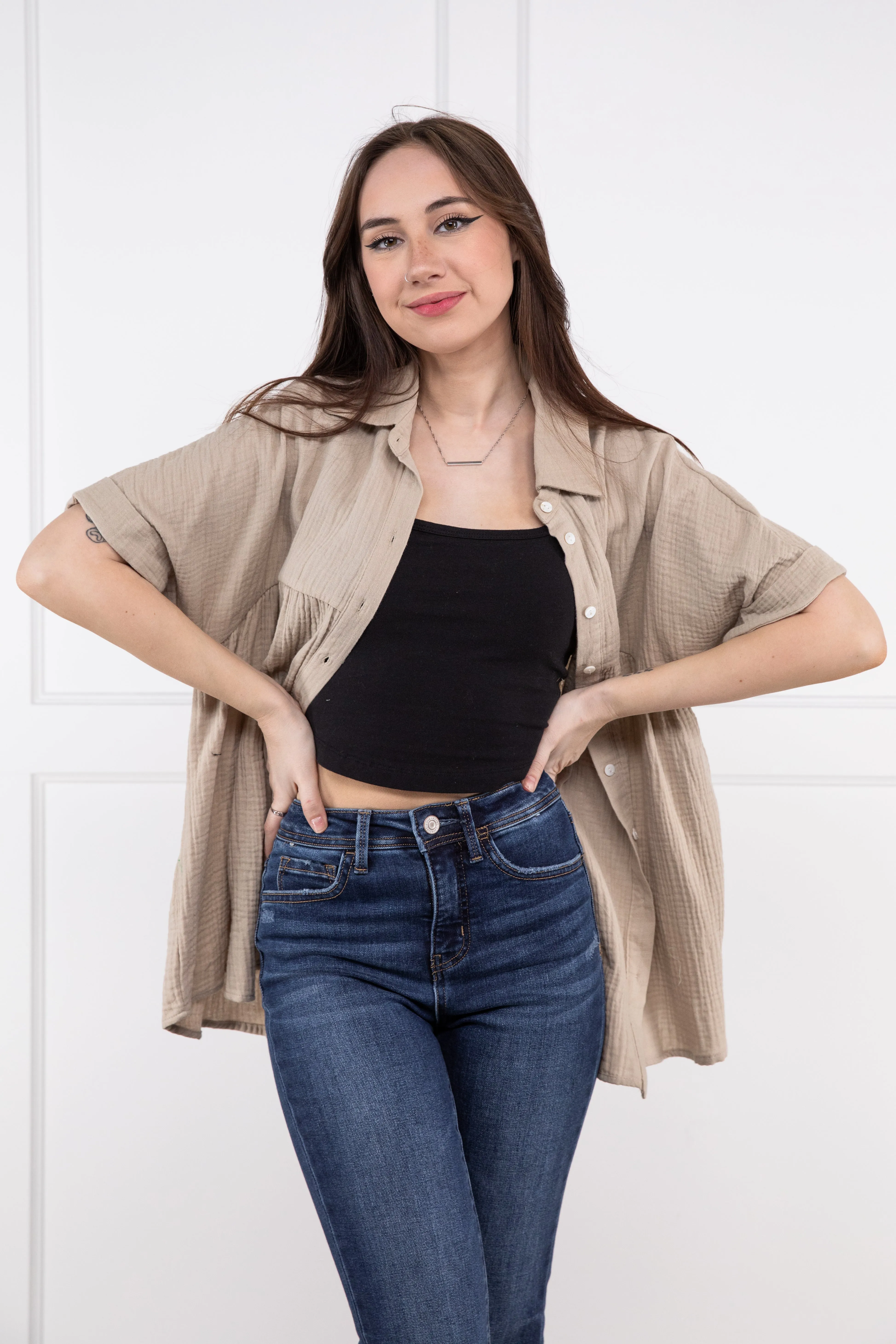 Breezen Through Women's Relaxed Button Down Short Sleeve Top