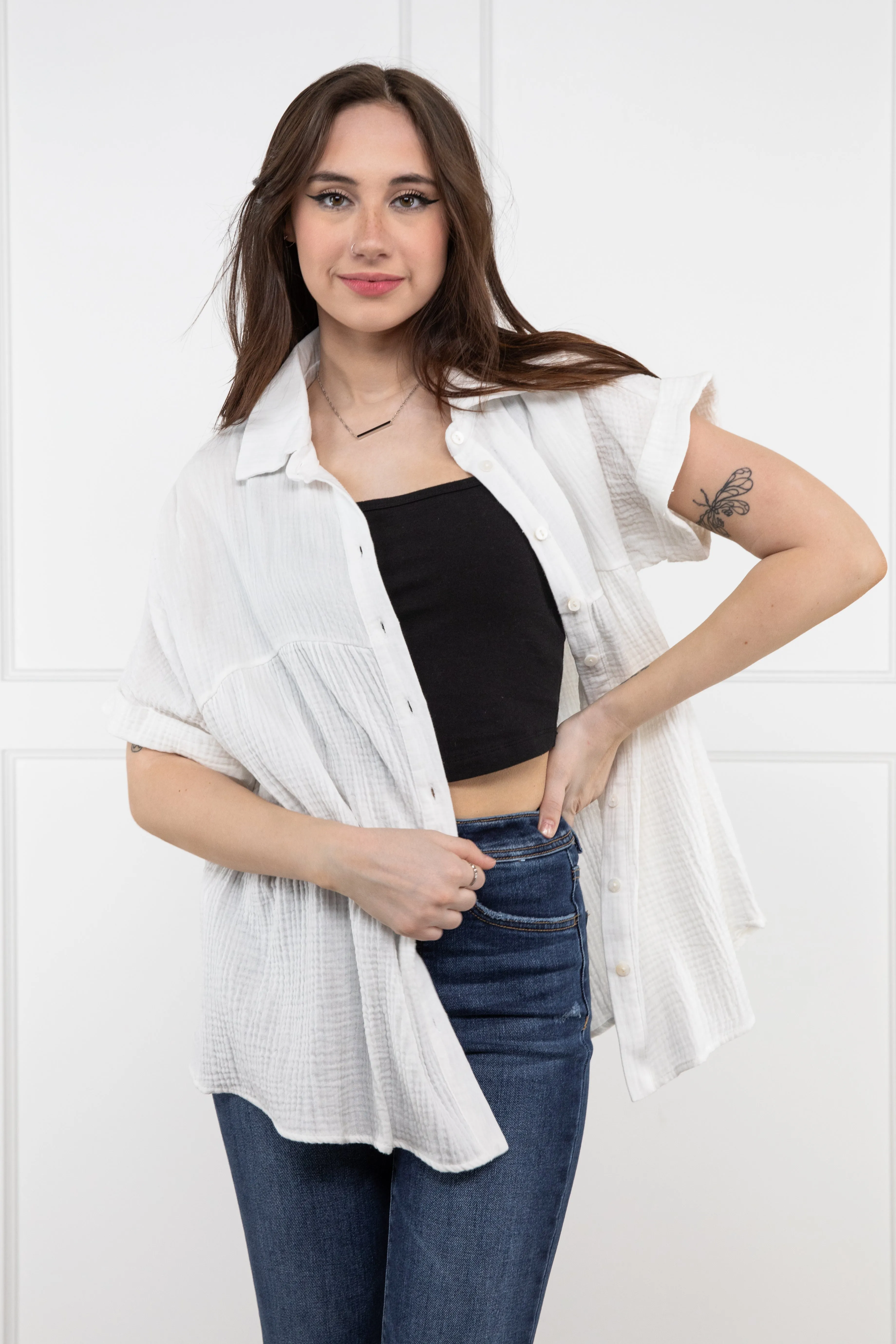 Breezen Through Women's Relaxed Button Down Short Sleeve Top