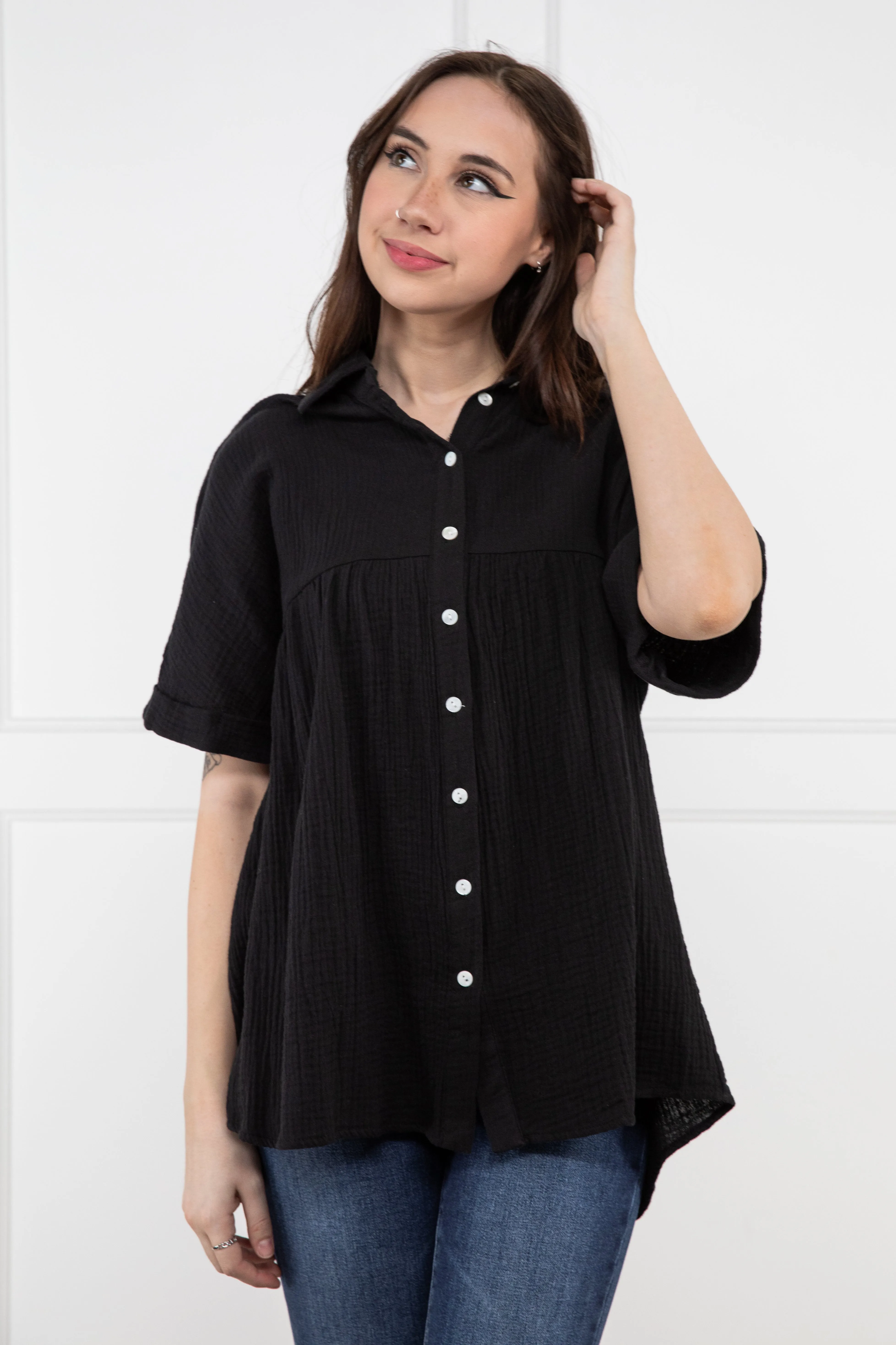 Breezen Through Women's Relaxed Button Down Short Sleeve Top