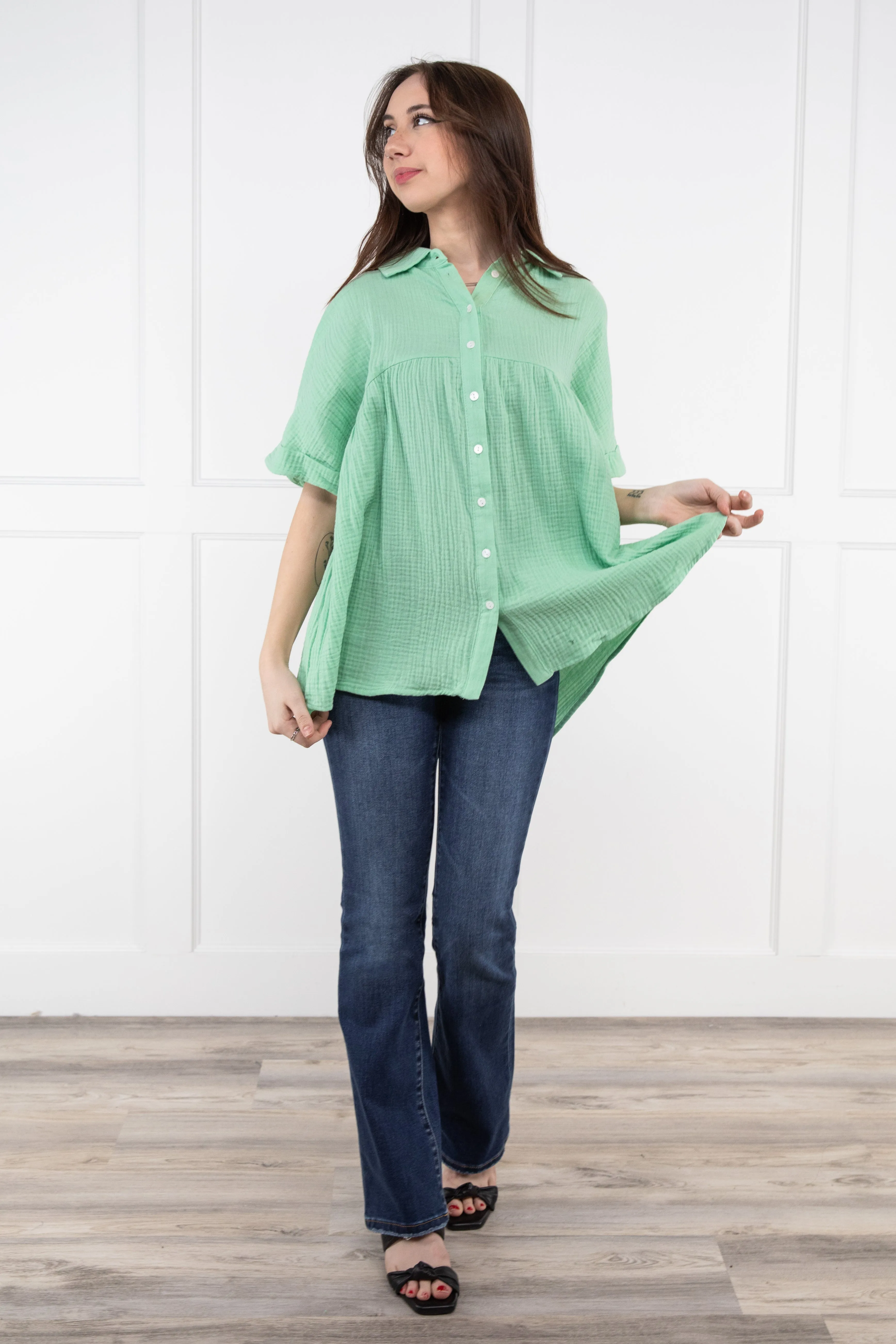 Breezen Through Women's Relaxed Button Down Short Sleeve Top