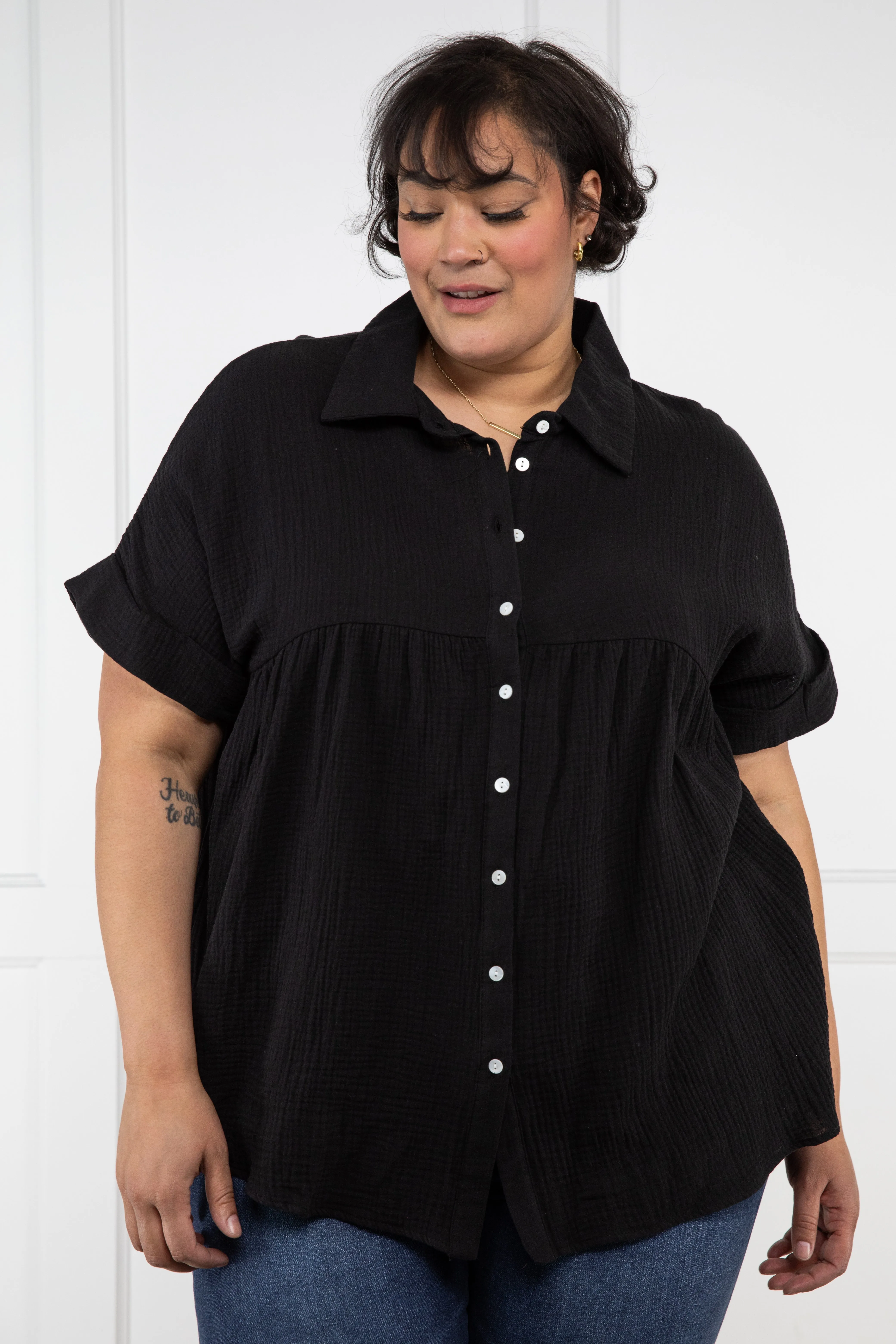 Breezen Through Women's Relaxed Button Down Short Sleeve Top