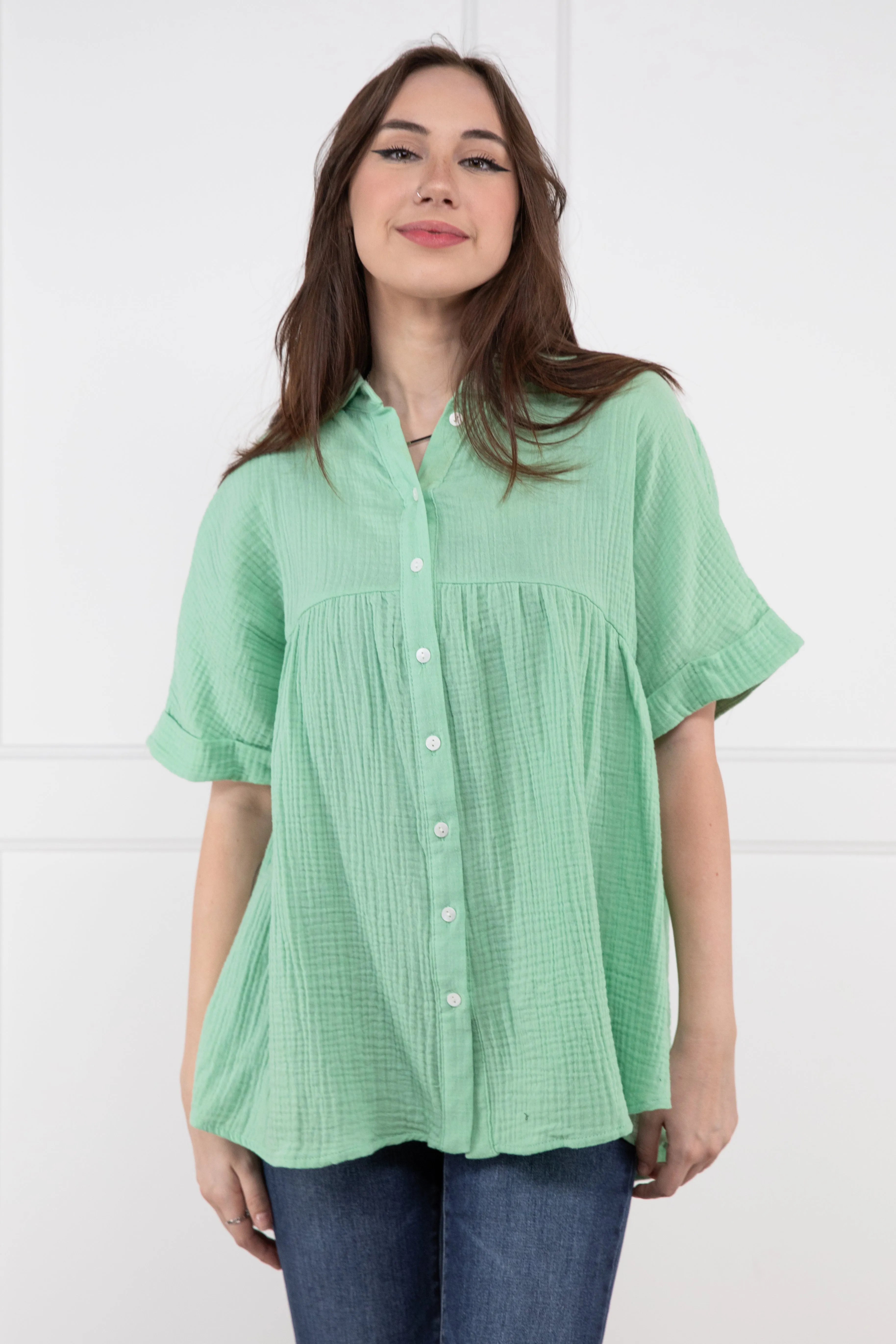 Breezen Through Women's Relaxed Button Down Short Sleeve Top