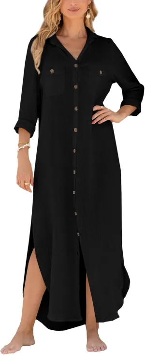 Breezy Lane Beach Cover Up for Women Long Cotton Shirt Dress Swimsuit Coverup for Vacation Black