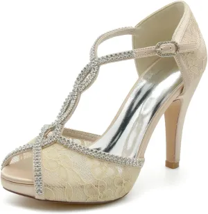 Bridal Shoes Wedding Bride High Heel Sandals Women Peep Toe Rhinestones Comfortable Platform Lace Sexy Pumps Party Shoes 10Cm