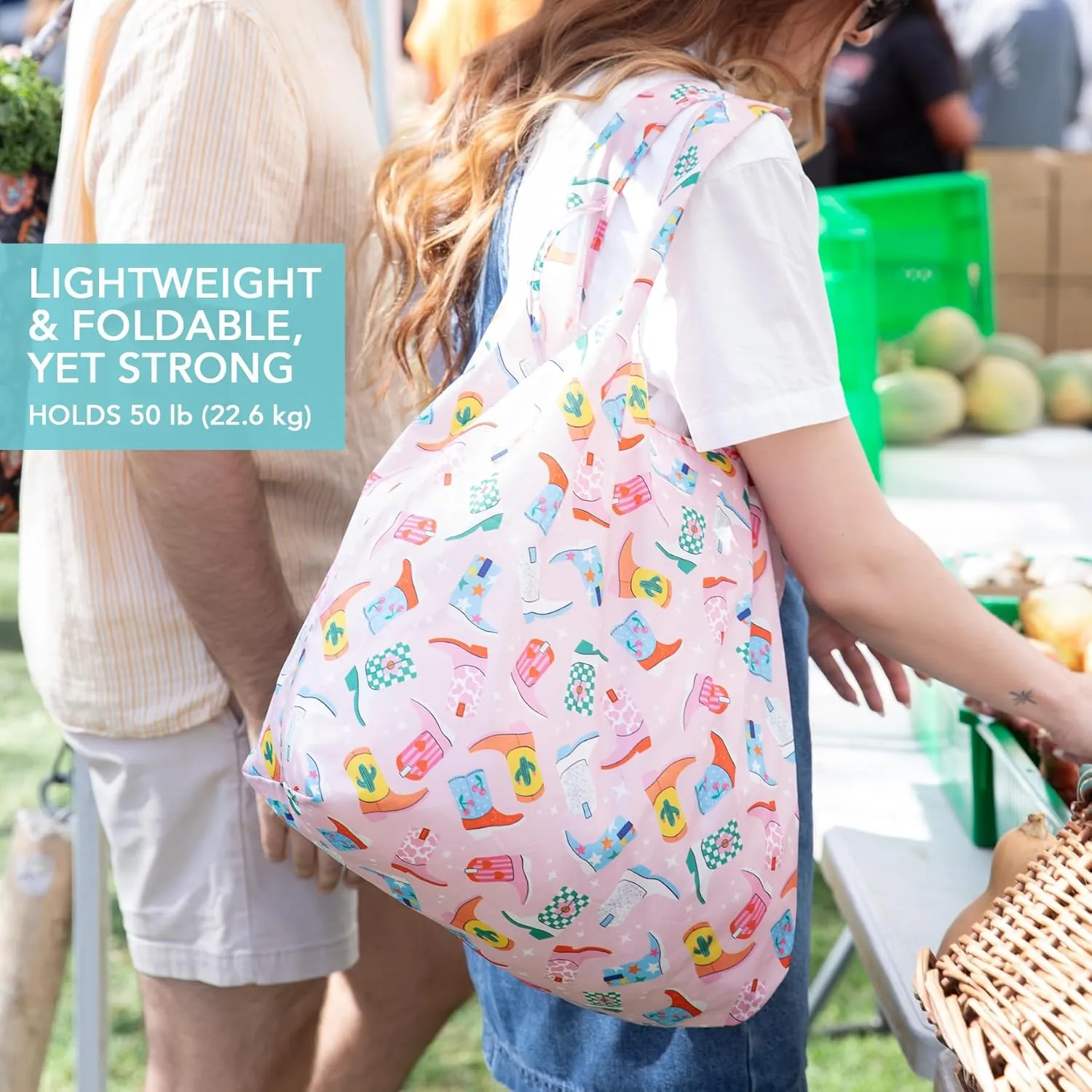 Bumkins Reusable Grocery Shopping Tote Bag for Women, Large Boho Style with Handles, Foldable, Washable, Shoulder Straps