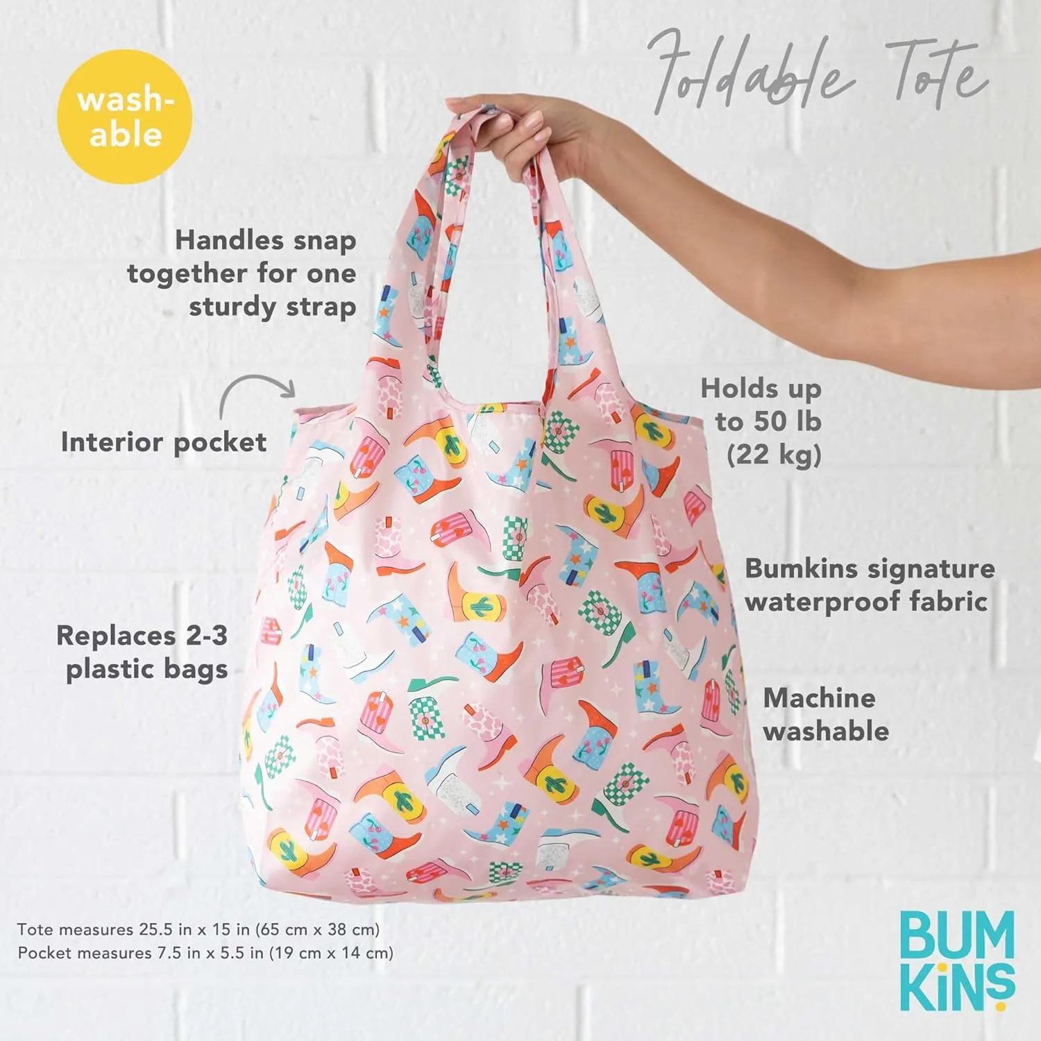 Bumkins Reusable Grocery Shopping Tote Bag for Women, Large Boho Style with Handles, Foldable, Washable, Shoulder Straps