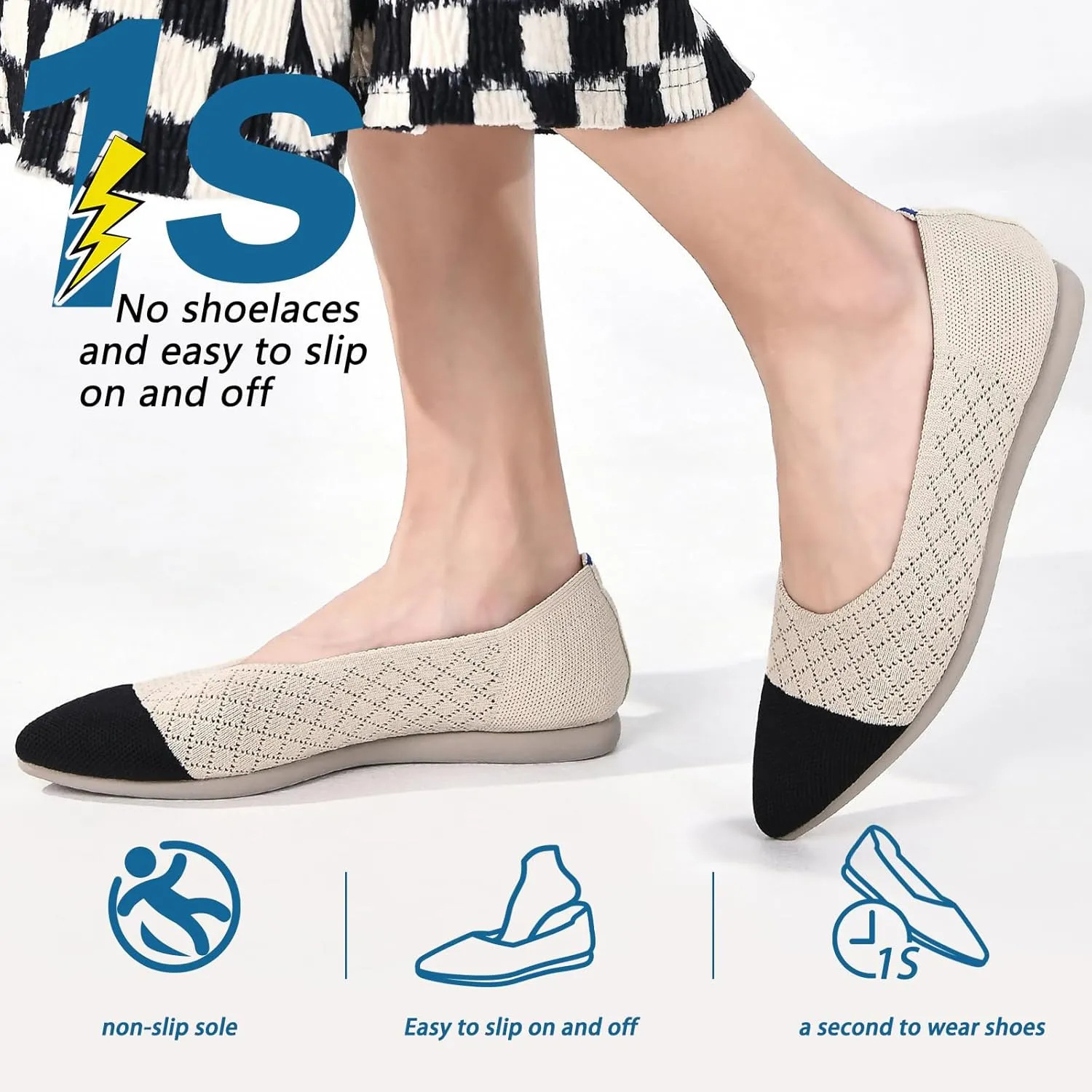 Buyrew Women's Flats Pointed Toe Ballet Shoes Knit Dress Shoes Low Wedge Slip On Arch Support Walking Office Business Flats