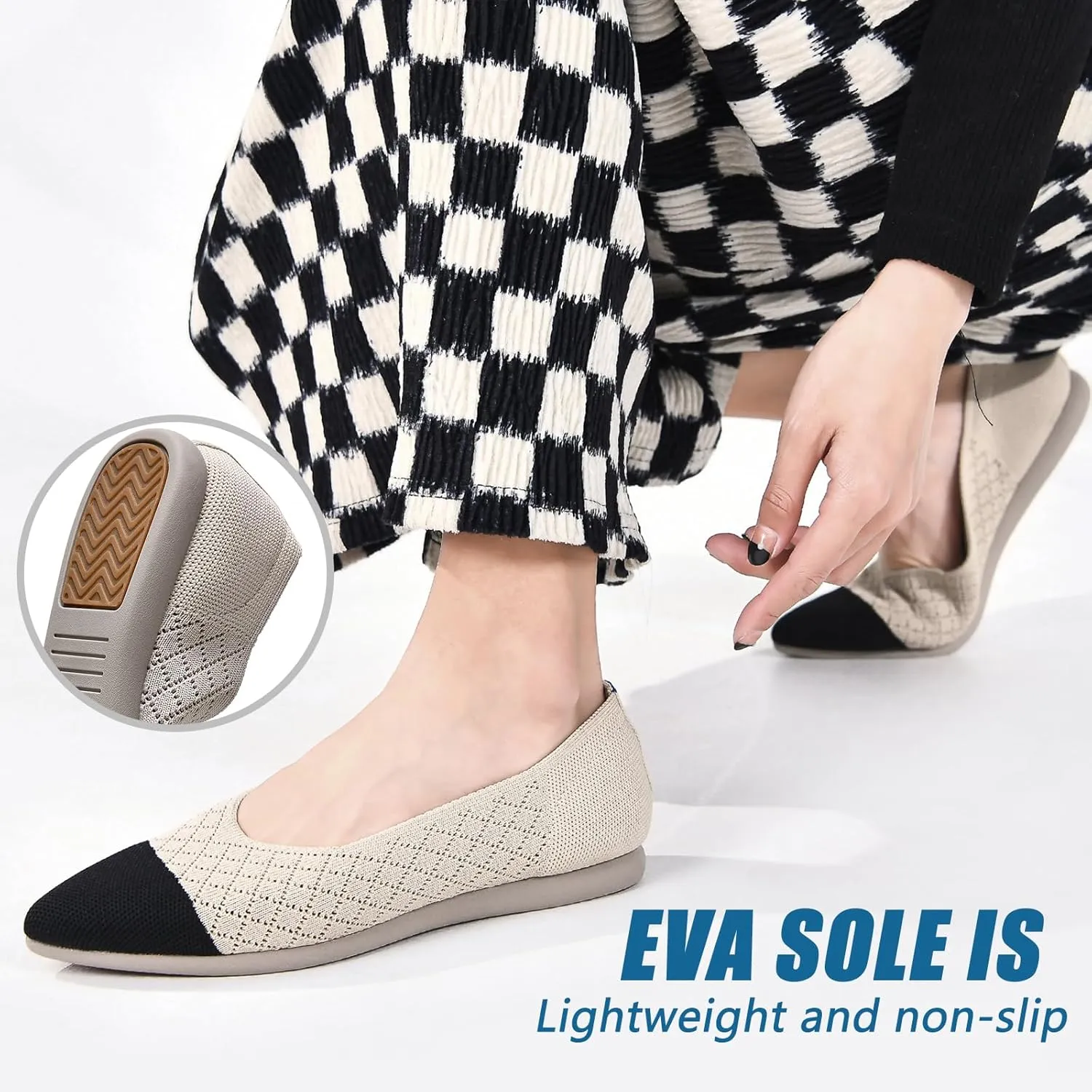 Buyrew Women's Flats Pointed Toe Ballet Shoes Knit Dress Shoes Low Wedge Slip On Arch Support Walking Office Business Flats