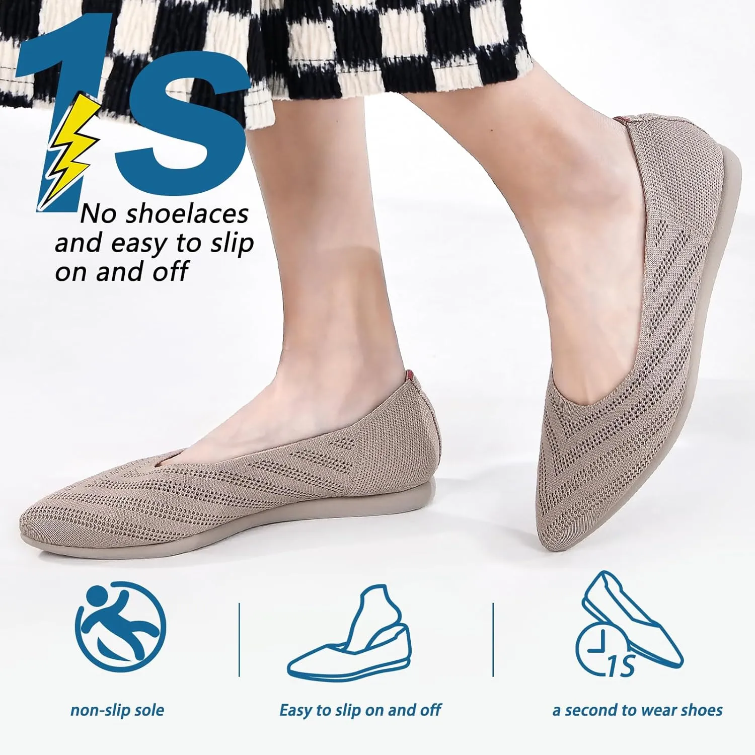 Buyrew Women's Flats Pointed Toe Ballet Shoes Knit Dress Shoes Low Wedge Slip On Arch Support Walking Office Business Flats