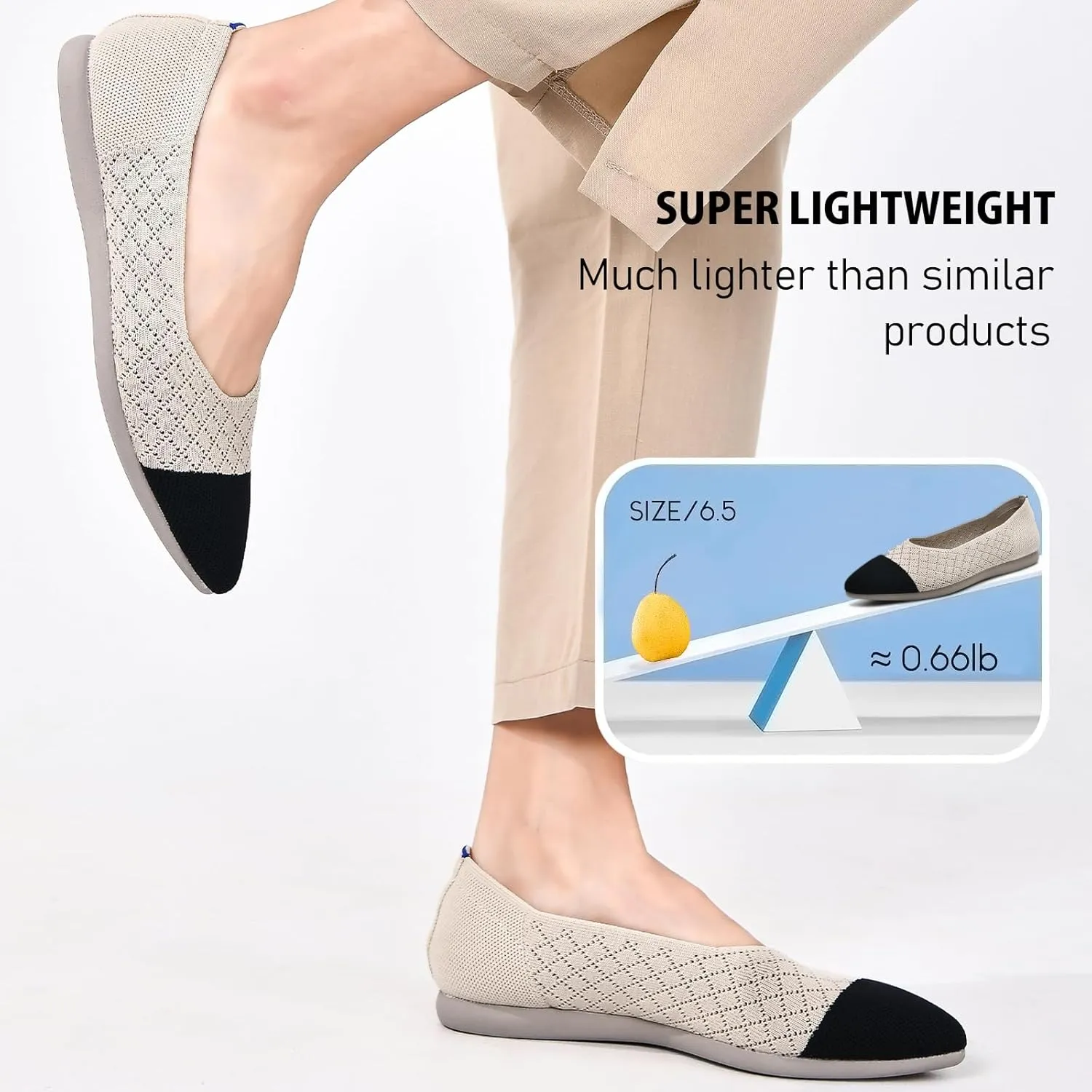 Buyrew Women's Flats Pointed Toe Ballet Shoes Knit Dress Shoes Low Wedge Slip On Arch Support Walking Office Business Flats