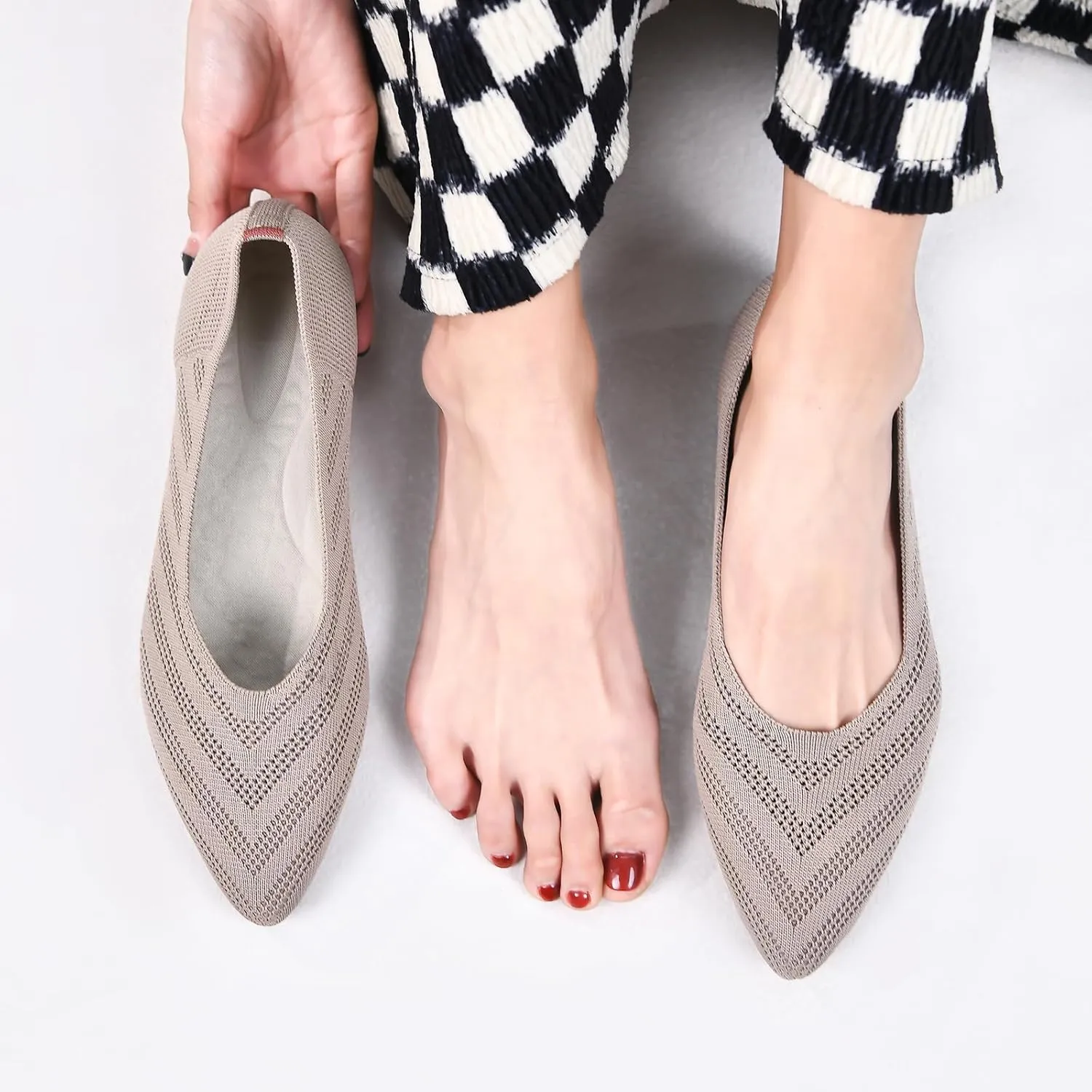 Buyrew Women's Flats Pointed Toe Ballet Shoes Knit Dress Shoes Low Wedge Slip On Arch Support Walking Office Business Flats