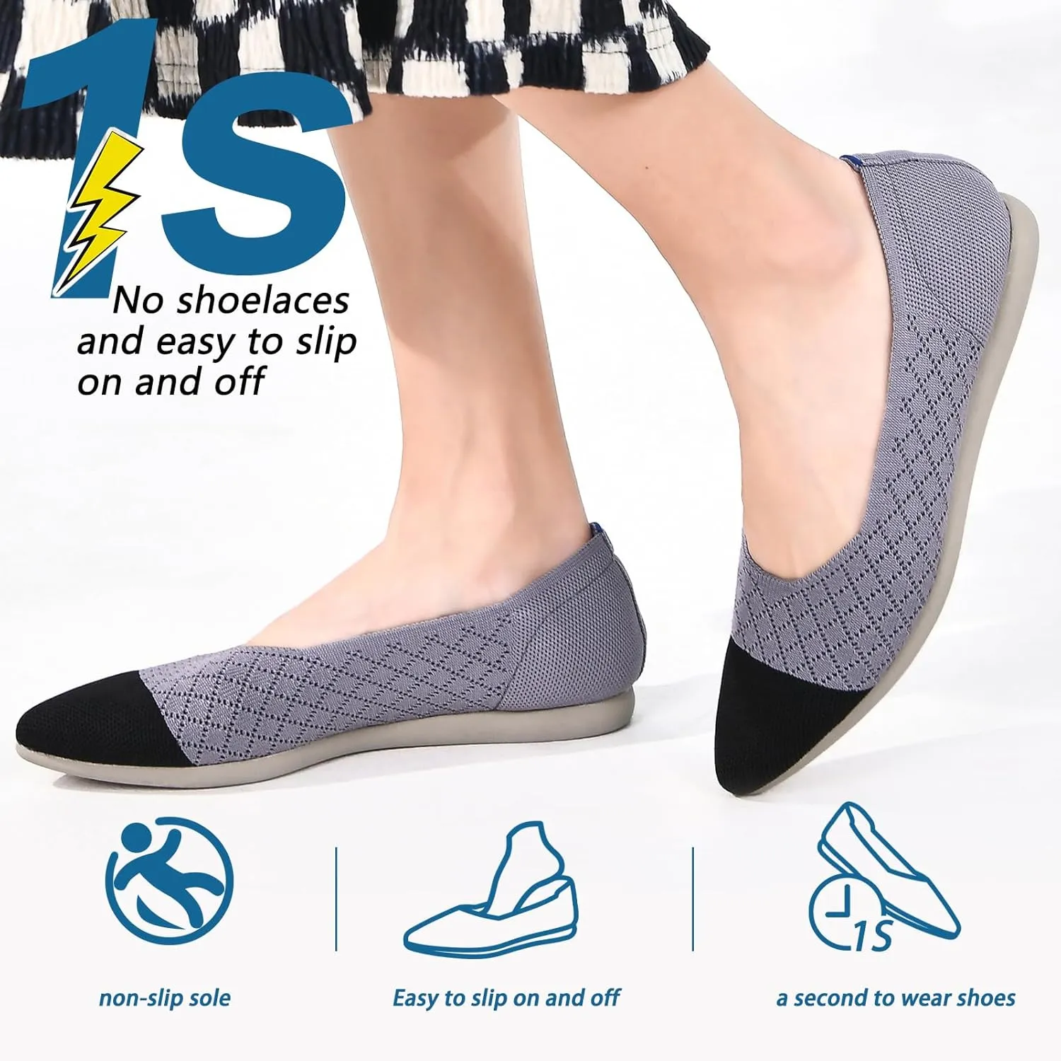 Buyrew Women's Flats Pointed Toe Ballet Shoes Knit Dress Shoes Low Wedge Slip On Arch Support Walking Office Business Flats