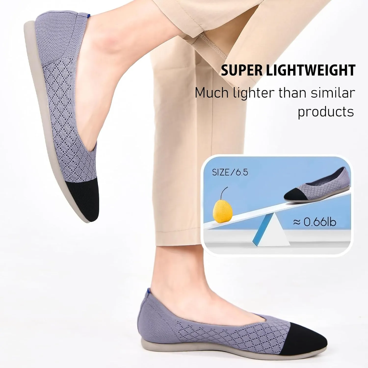 Buyrew Women's Flats Pointed Toe Ballet Shoes Knit Dress Shoes Low Wedge Slip On Arch Support Walking Office Business Flats