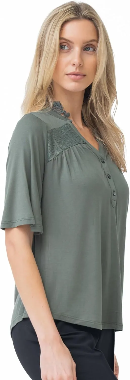 Cable & Gauge Women's Lace Henley Top - 3/4 Sleeve Split Neckline, Soft Jersey Blend, High-Low Design, Chic Casual Top