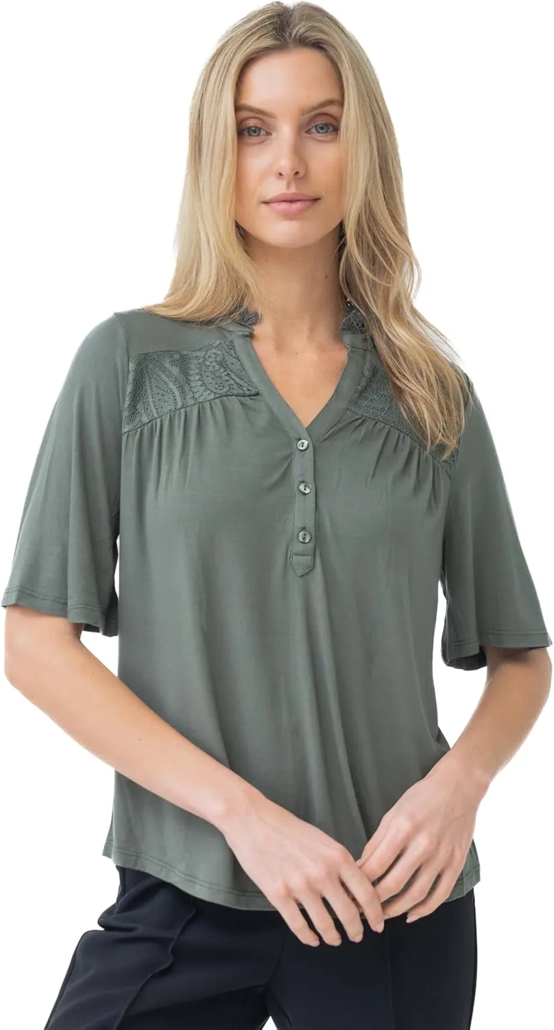 Cable & Gauge Women's Lace Henley Top - 3/4 Sleeve Split Neckline, Soft Jersey Blend, High-Low Design, Chic Casual Top