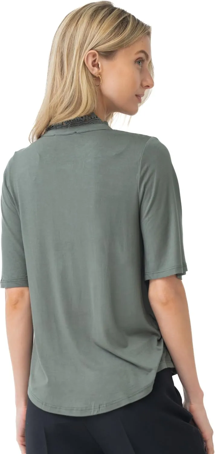 Cable & Gauge Women's Lace Henley Top - 3/4 Sleeve Split Neckline, Soft Jersey Blend, High-Low Design, Chic Casual Top