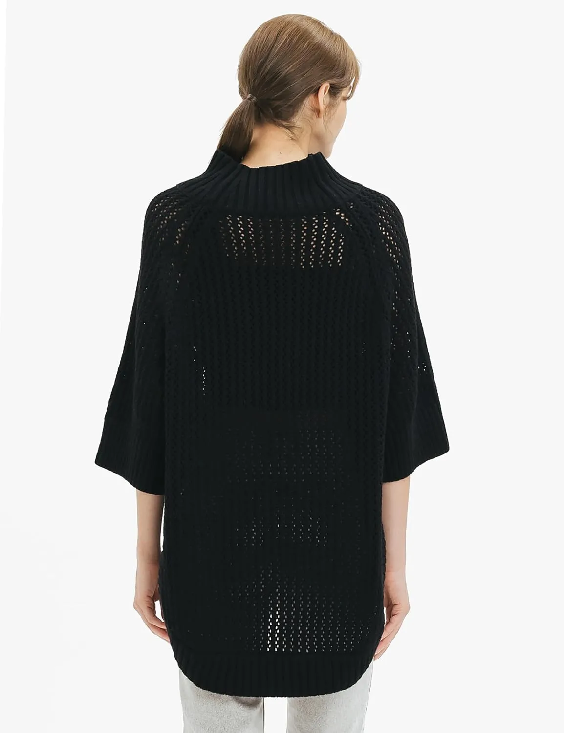 Cable Stitch Women's Rib-Collar Tunic Sweater - Loose Fit Oversized Mock Neck 3/4 Sleeve Pullover Poncho Cover-up Top