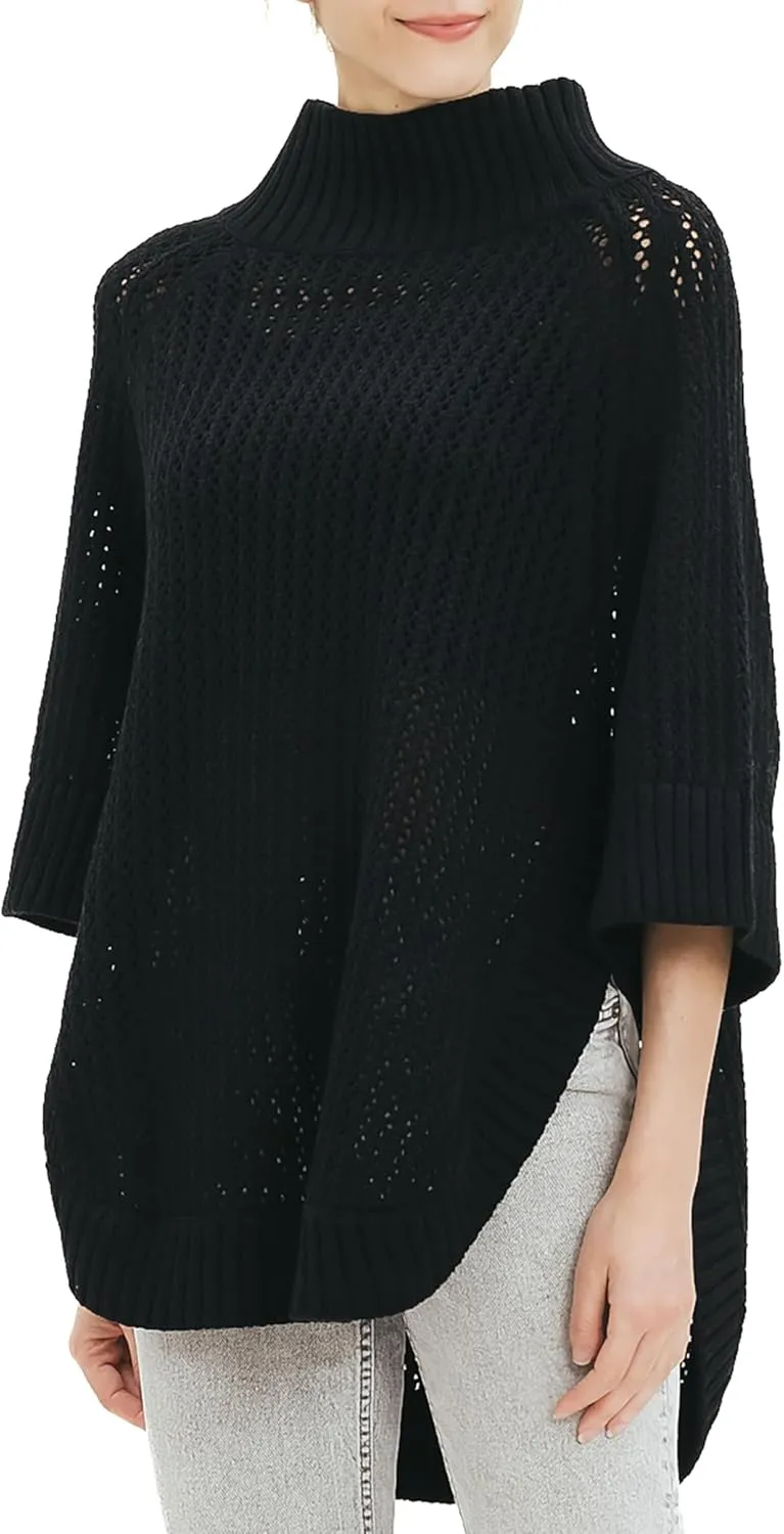 Cable Stitch Women's Rib-Collar Tunic Sweater - Loose Fit Oversized Mock Neck 3/4 Sleeve Pullover Poncho Cover-up Top