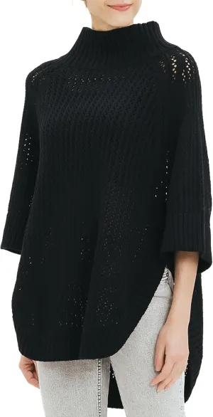 Cable Stitch Women's Rib-Collar Tunic Sweater - Loose Fit Oversized Mock Neck 3/4 Sleeve Pullover Poncho Cover-up Top