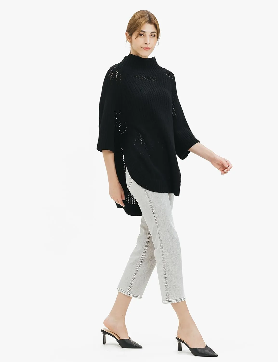 Cable Stitch Women's Rib-Collar Tunic Sweater - Loose Fit Oversized Mock Neck 3/4 Sleeve Pullover Poncho Cover-up Top