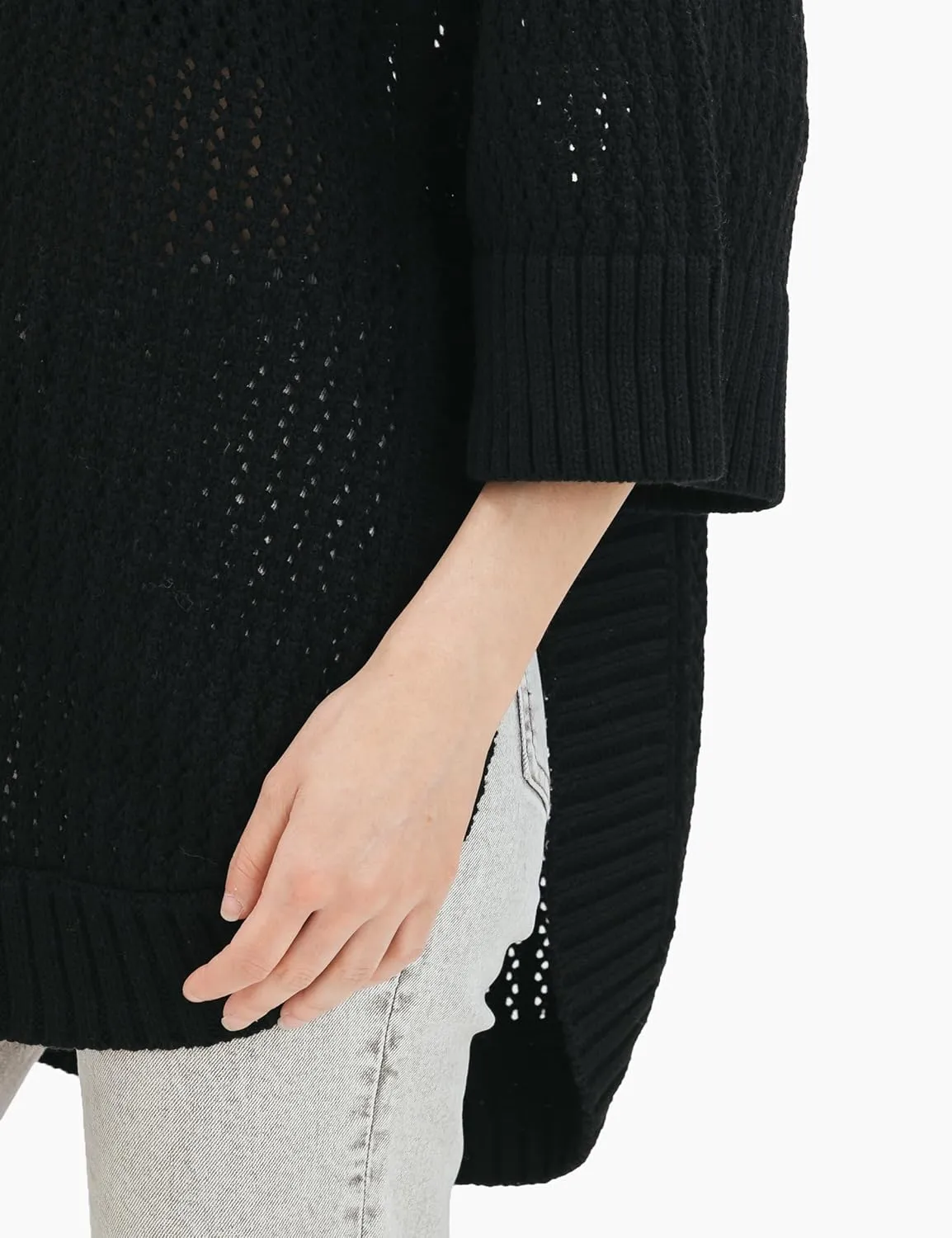 Cable Stitch Women's Rib-Collar Tunic Sweater - Loose Fit Oversized Mock Neck 3/4 Sleeve Pullover Poncho Cover-up Top