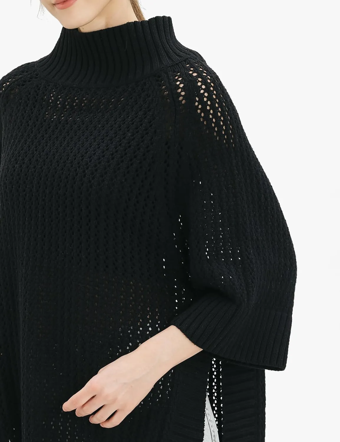 Cable Stitch Women's Rib-Collar Tunic Sweater - Loose Fit Oversized Mock Neck 3/4 Sleeve Pullover Poncho Cover-up Top