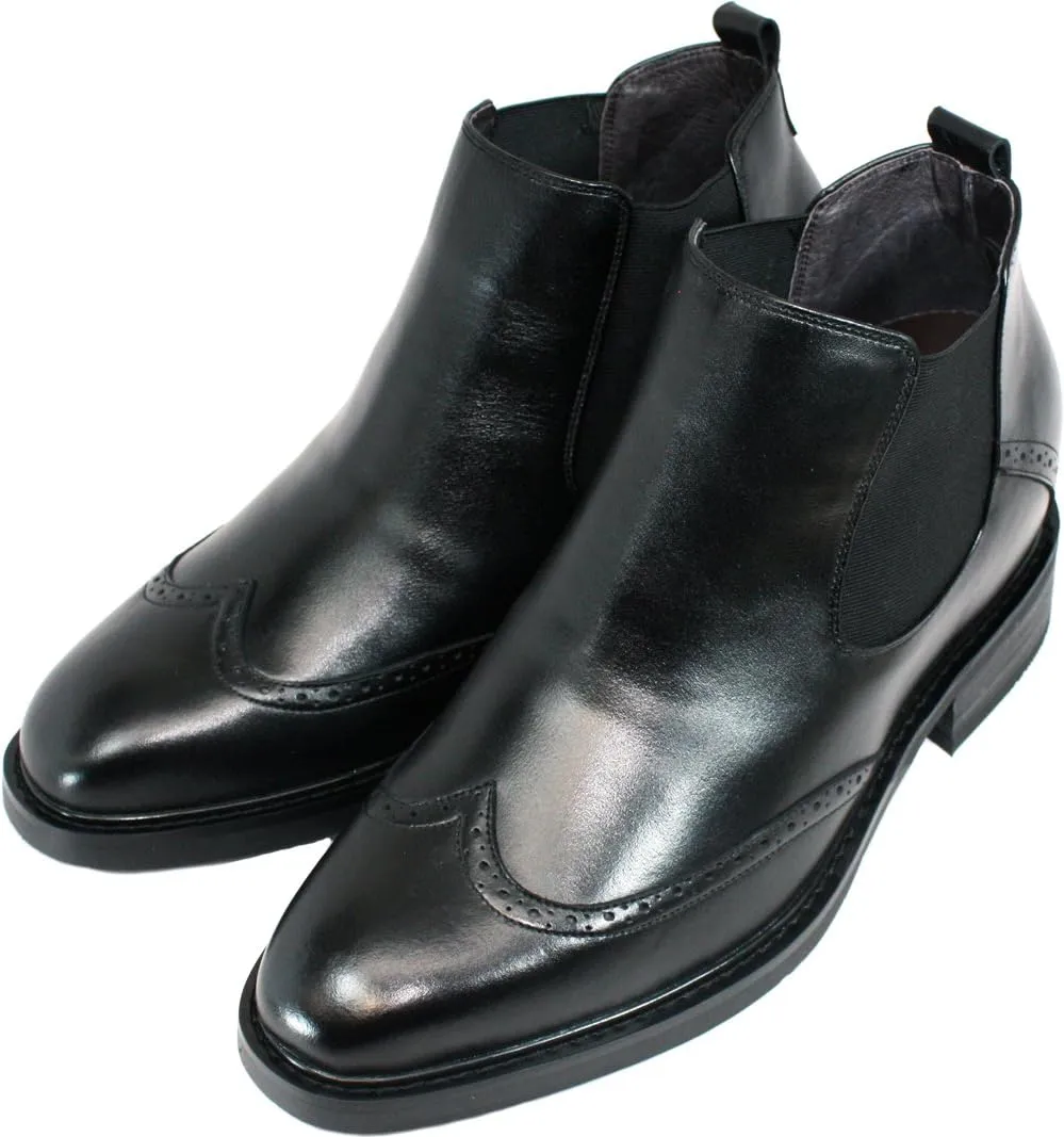 Calden Men's Invisible Height Increasing Elevator Shoes - Black Leather Slip-on Wing-tip Chelsea Boots - 3 Inches Taller - K28802 - Size 11 D(M) US