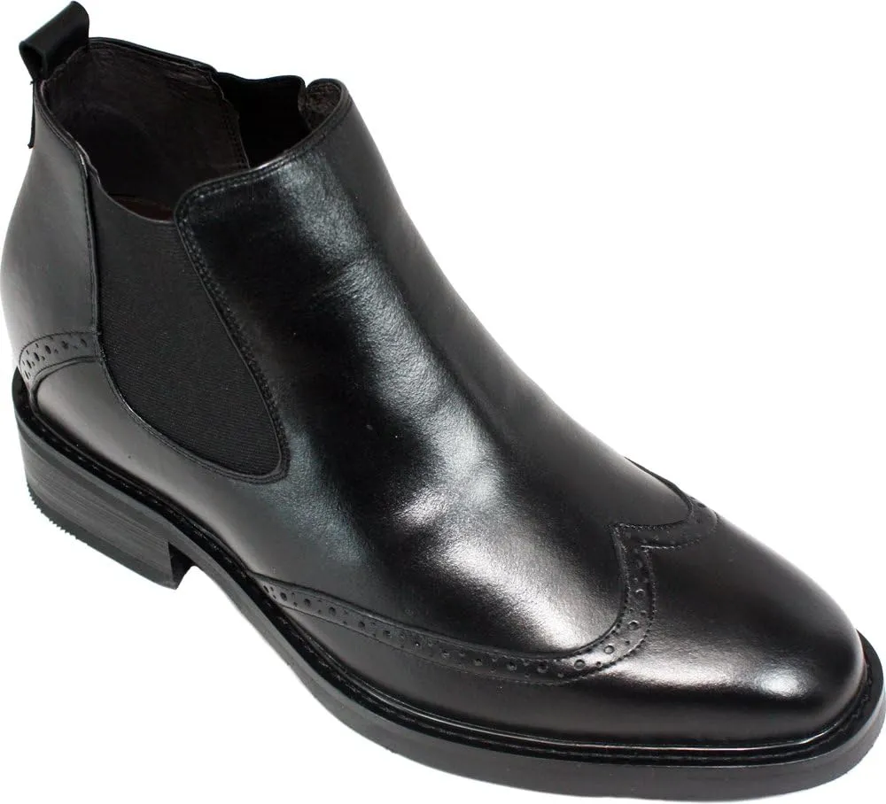 Calden Men's Invisible Height Increasing Elevator Shoes - Black Leather Slip-on Wing-tip Chelsea Boots - 3 Inches Taller - K28802 - Size 8 D(M) US