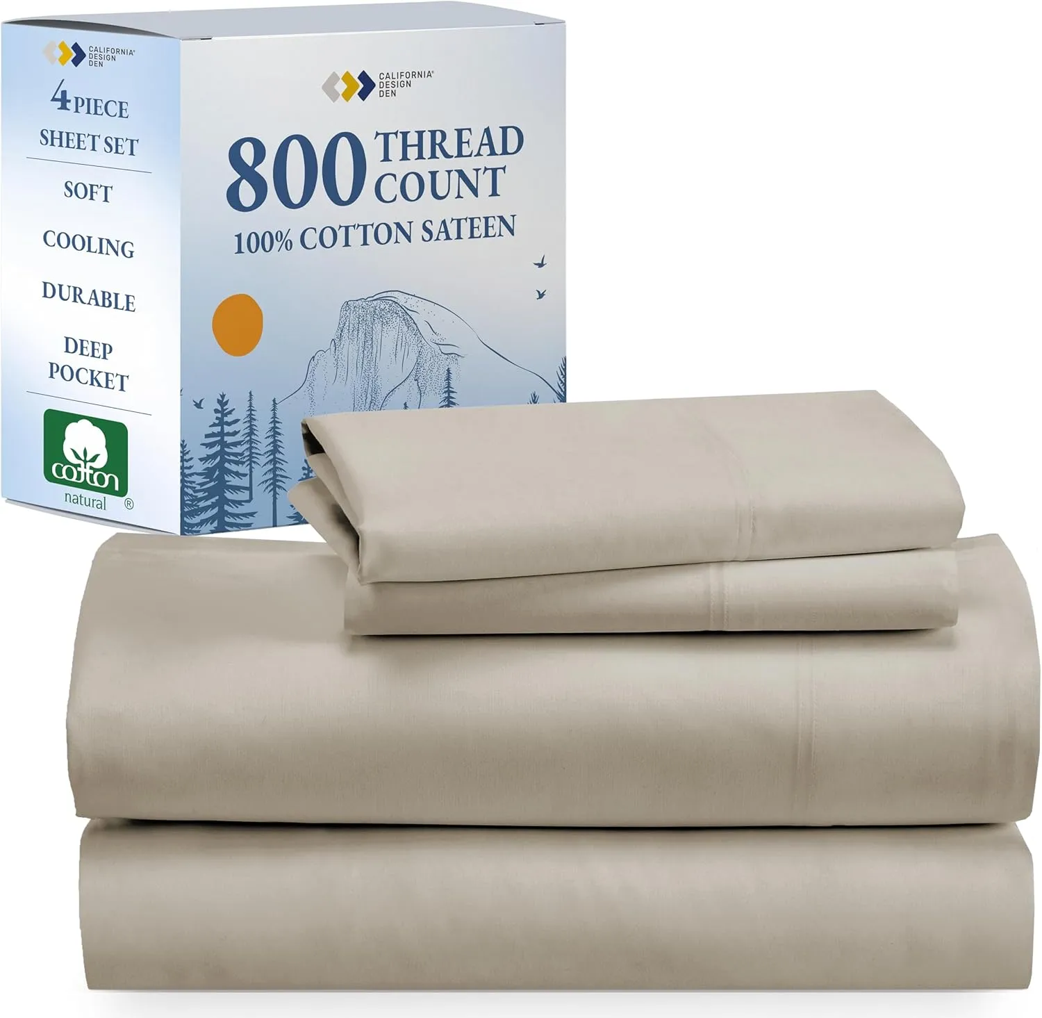 California Design Den Luxury Queen Sheet Set - 800 Thread Count, 100% Cotton Sateen for Queen Size Bed - Bedding Set with Deep Pockets, Cooling & Softer Than Egyptian Cotton Bedsheets (Beige)