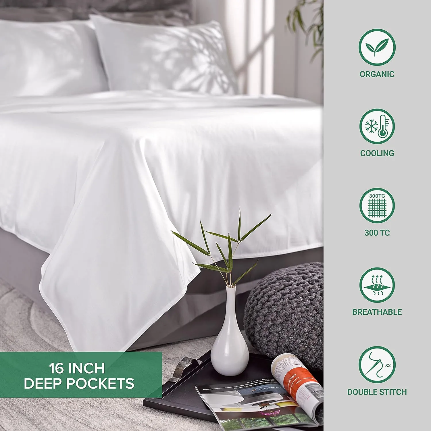 California King Sheets by Pure Bamboo, Genuine 100% Organic Viscose Derived from Bamboo Bed Sheet Set, Soft & Cooling, Double Stitching, Lifetime Quality Promise (California King, White)