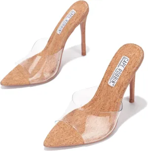 Cape Robbin Melrose Nude Clear Cork Slip-On Mule Pointy Open Toe Stiletto Heel
