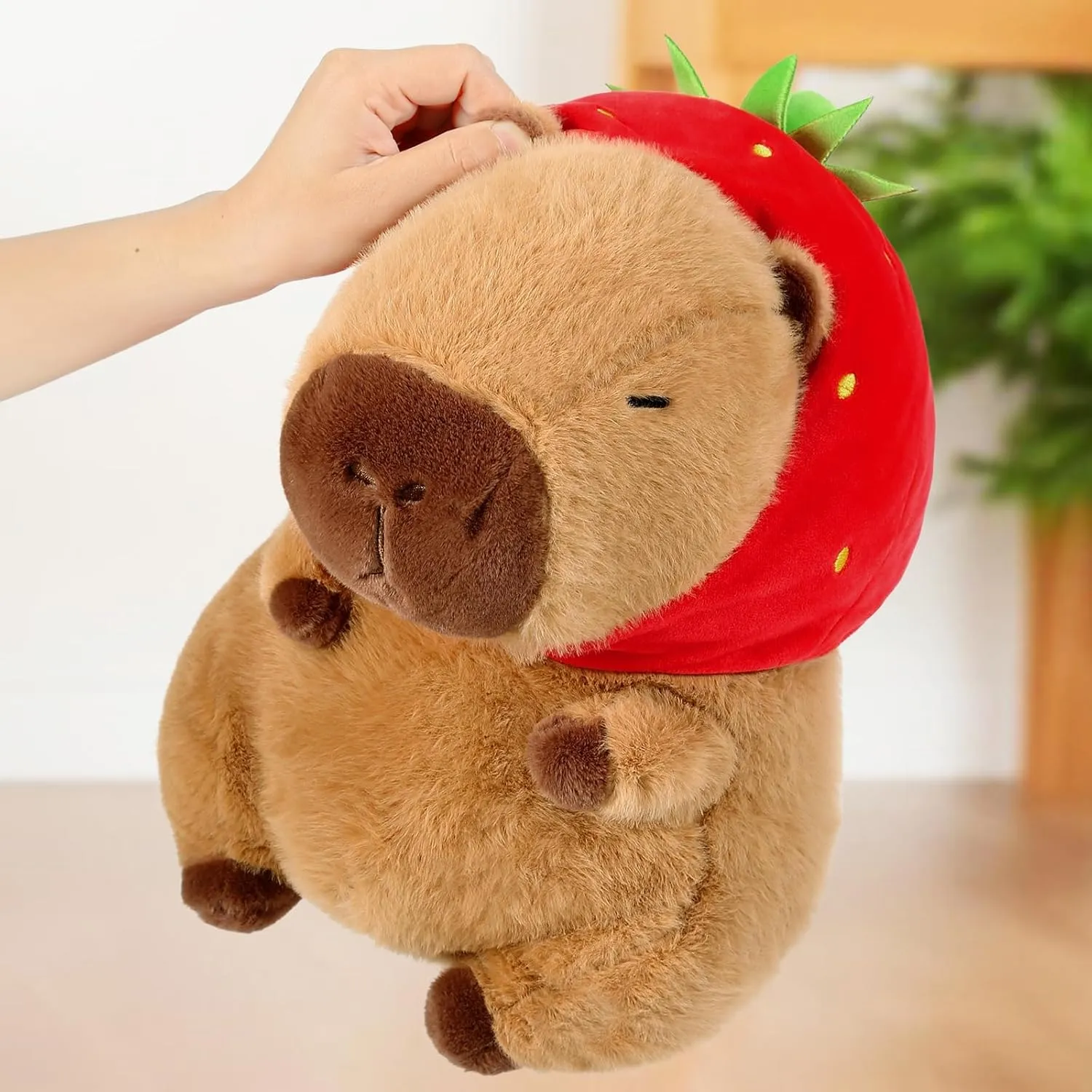 Capybara Stuffed Animal Cute Capibara Plush Toy with Strawberry Hat Soft Plushies Capybara Christmas Birthday Gift for Girls Boy Kids