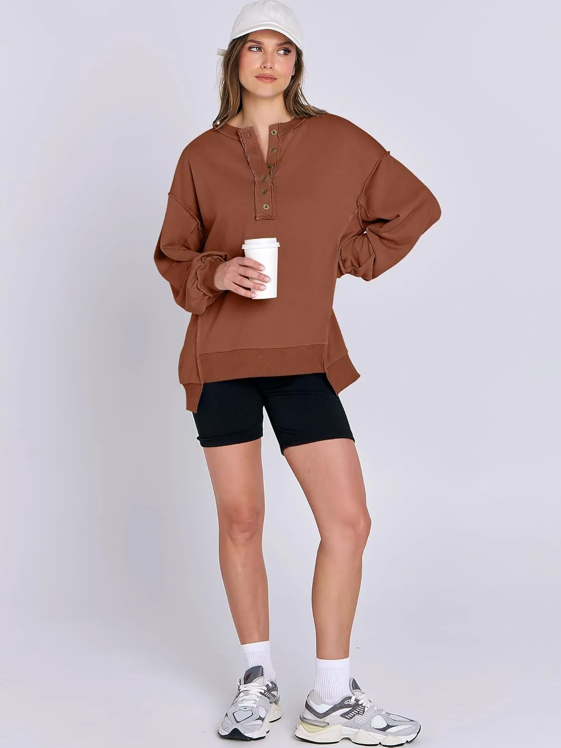Caracilia Women's Oversized Sweatshirts Long Sleeve Henley Button Down Pullover Hoodies Tunic Tops 2025 Trendy Fall Clothes