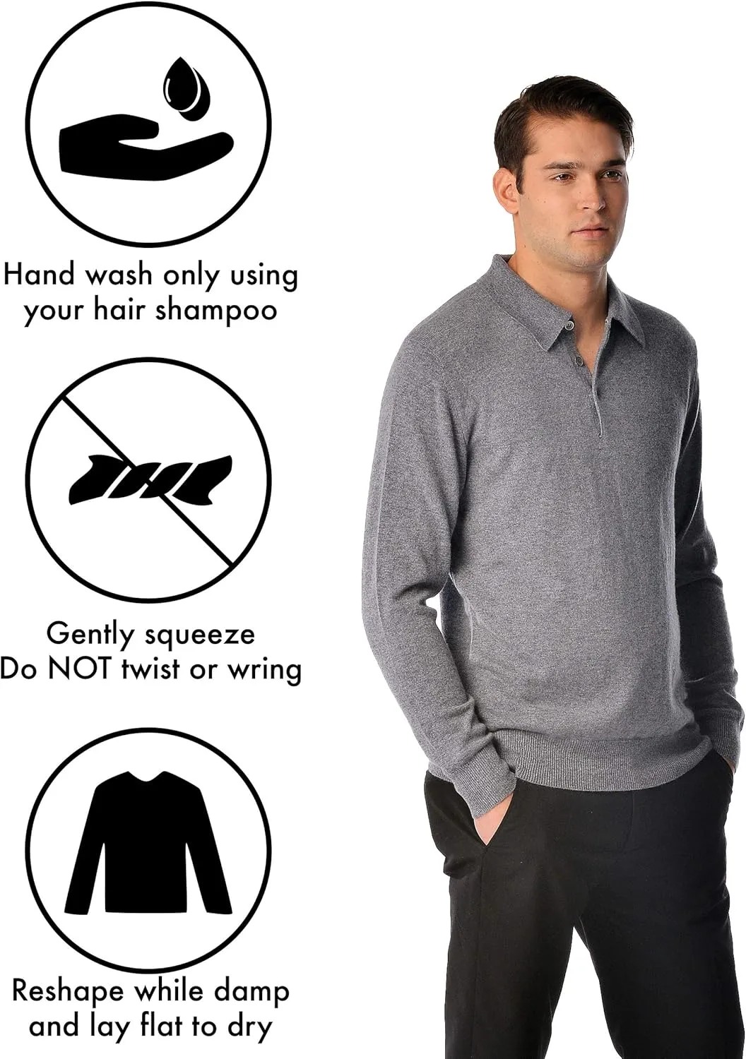 Cashmere Boutique 100% Pure Cashmere Polo Pullover Sweater for Men – Polo Neck, Long Sleeve, Lightweight, Soft & Warm Sweater