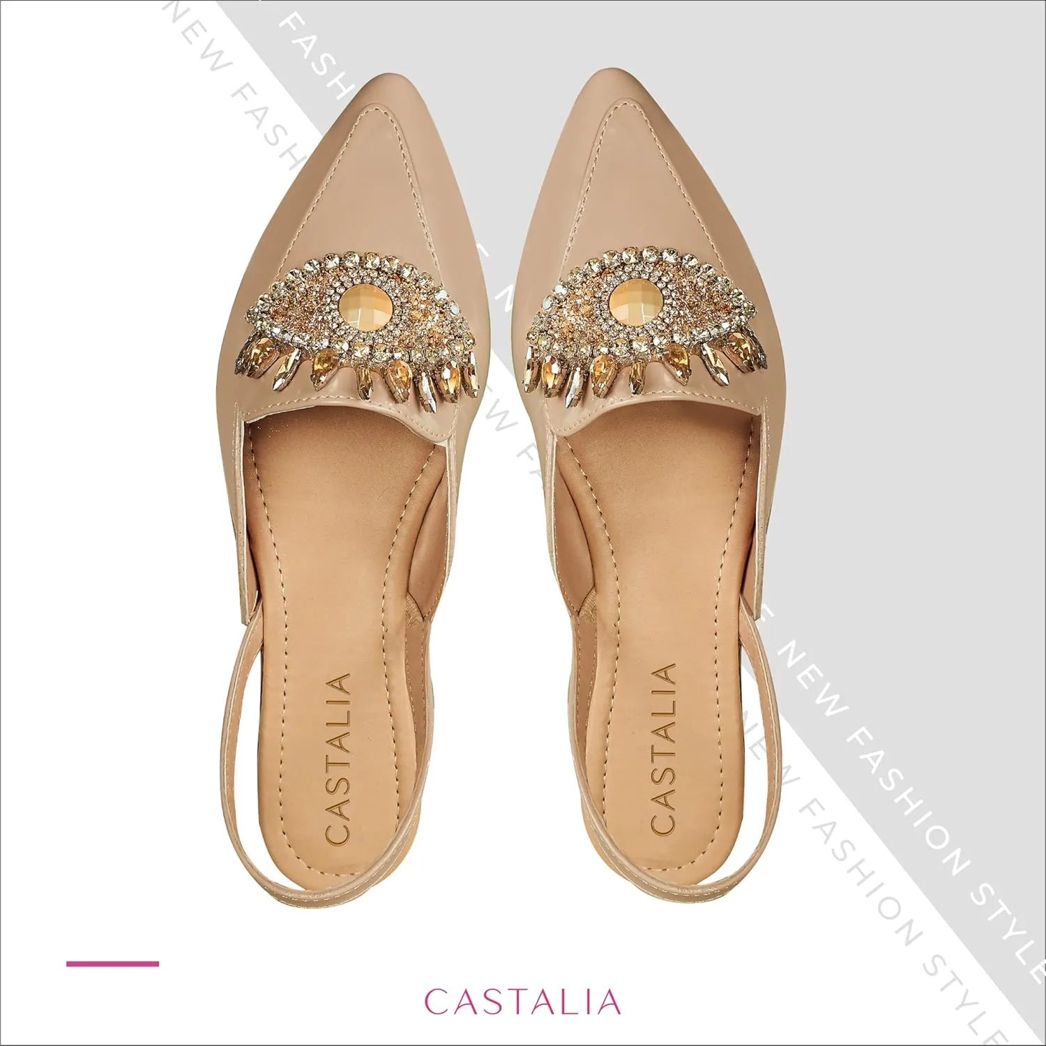 CASTALIA Flat Mules for Women, Slip on Loafers for Women Shoes. Stylish, Comfortable Womens Loafers/Flats with Rhinestones.