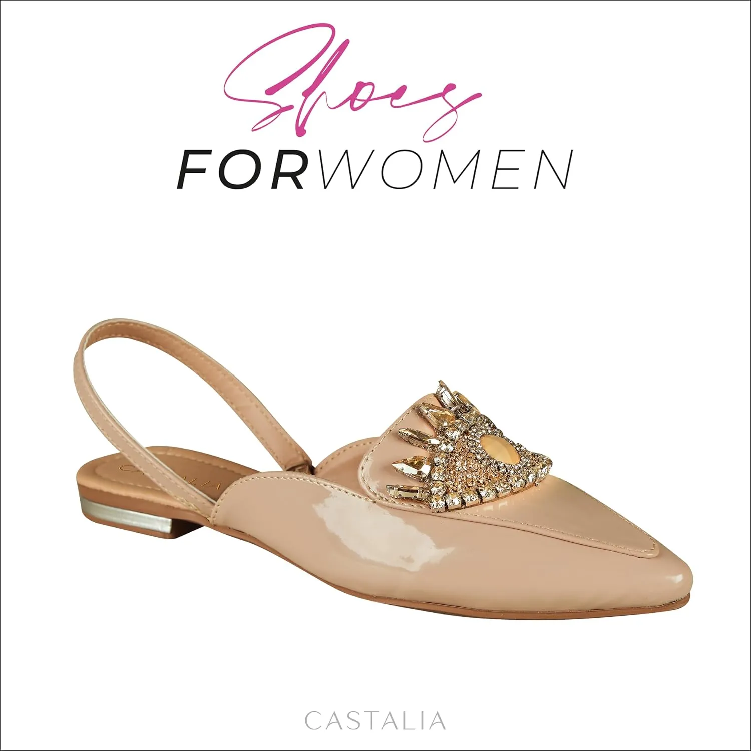 CASTALIA Flat Mules for Women, Slip on Loafers for Women Shoes. Stylish, Comfortable Womens Loafers/Flats with Rhinestones.