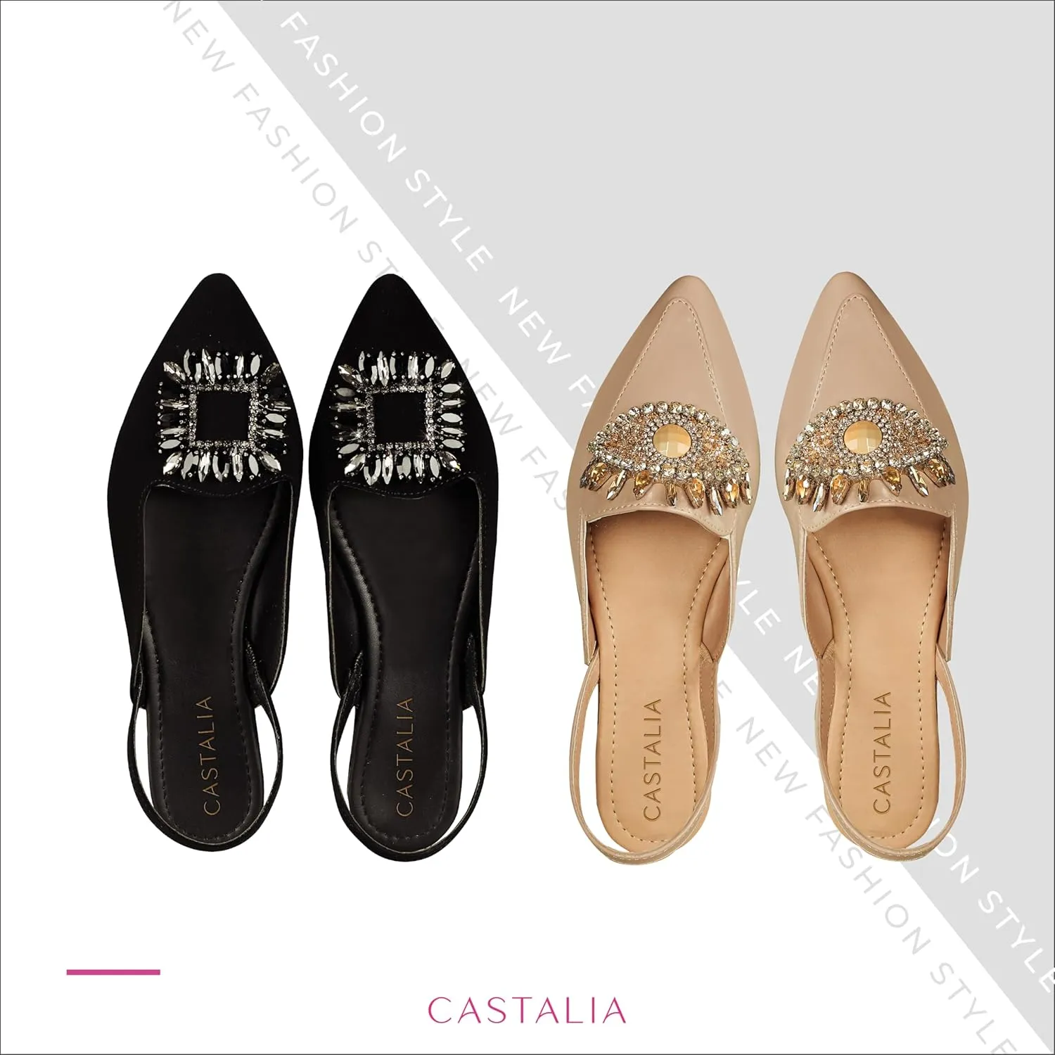 CASTALIA Flat Mules for Women, Slip on Loafers for Women Shoes. Stylish, Comfortable Womens Loafers/Flats with Rhinestones.