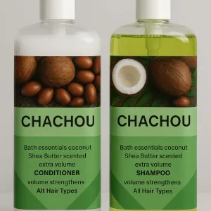 Chachou Bath Essentials Coconut SheaButter Scented Extra Volume Shampoo&Conditioner good for all hair types. each16oz pump bottle &leaves hair soft,healthy,beautifullyscented.