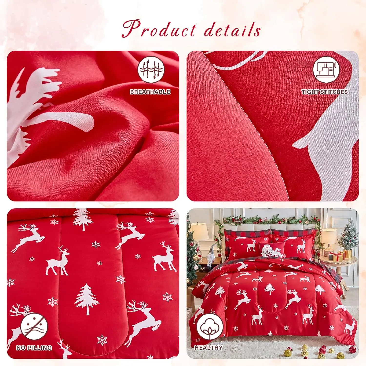 Christmas Bed in a Bag 7 Pcs Queen Size, White Deer Snowflake and Xmas Tree on Red Bedding Comforter Set Warm for Winter(1 Comforter, 1 Flat Sheet, 1 Fitted Sheet, 2 Pillow Shams, 2 Pillowcases)