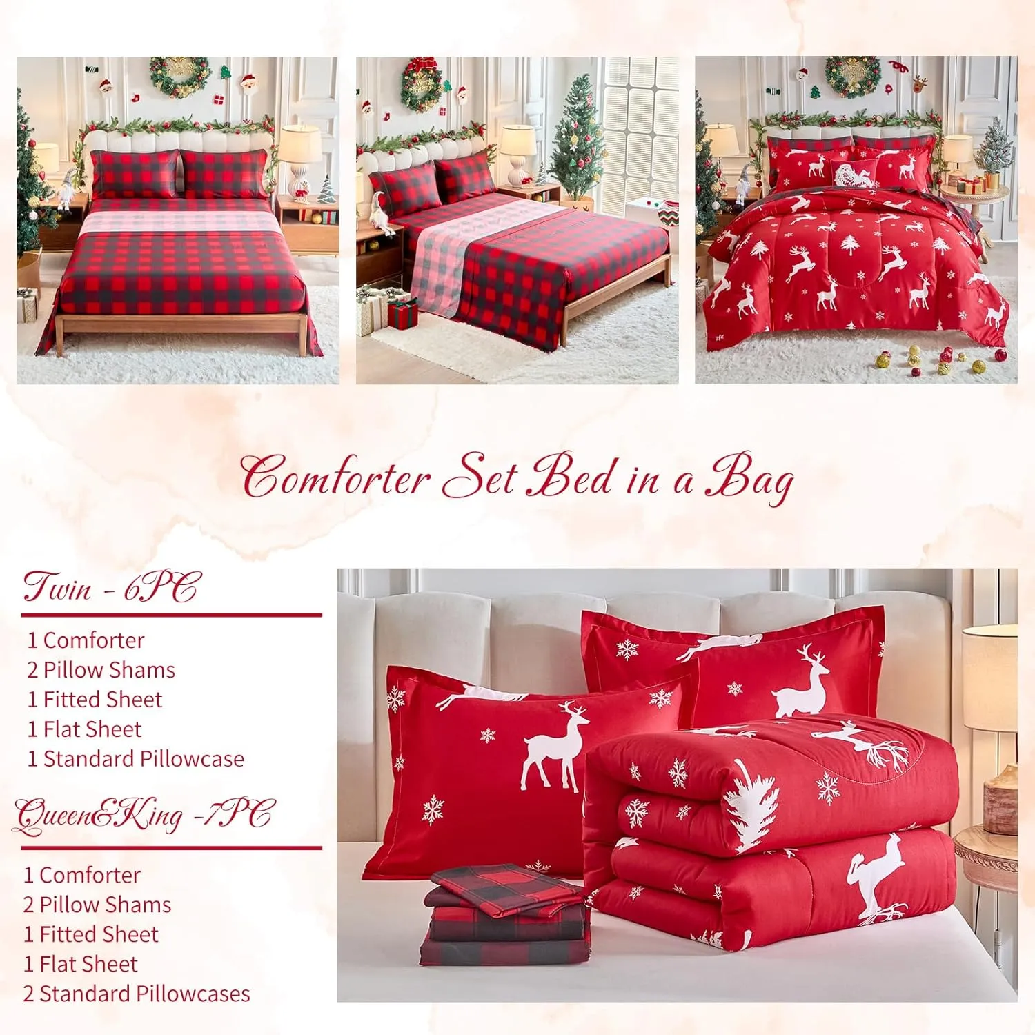 Christmas Bed in a Bag 7 Pcs Queen Size, White Deer Snowflake and Xmas Tree on Red Bedding Comforter Set Warm for Winter(1 Comforter, 1 Flat Sheet, 1 Fitted Sheet, 2 Pillow Shams, 2 Pillowcases)